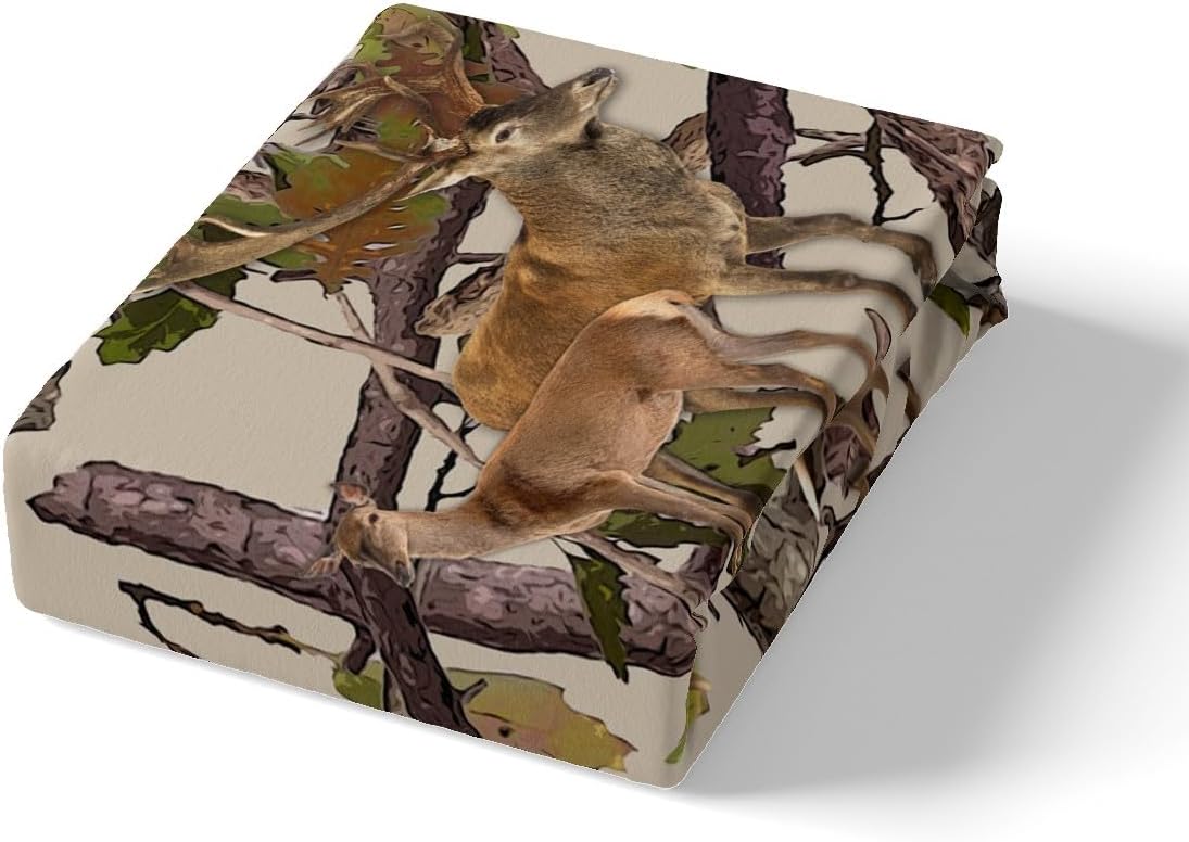 Feelyou Deer Bedding Set Camo Rustic Deer Elk Bird Bear Duvet Cover Kids Boys Girls Hunting Comforter Cover Botanical Tree Branches Bed Set 1 Duvet Cover with 2 Pillowcases Full Size (No Comforter)