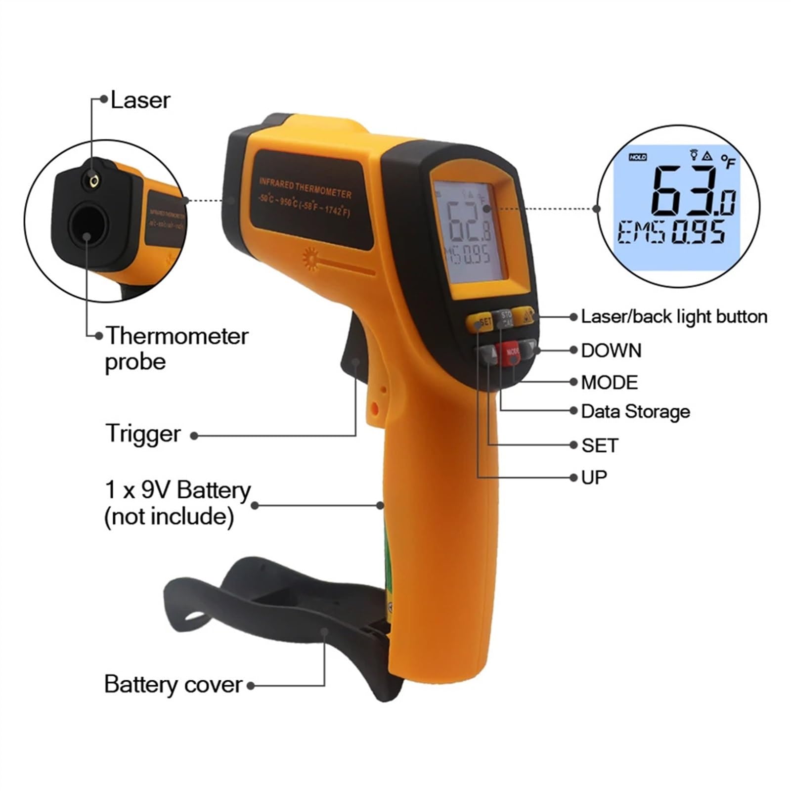 Cyfrowy termometr na podczerwień-laserowy miernik temperatury bezdotykowy LCD przemysłowy pistolet zewnętrzny ręczny pirometr 400 600 950 (kolor: -50-400C)