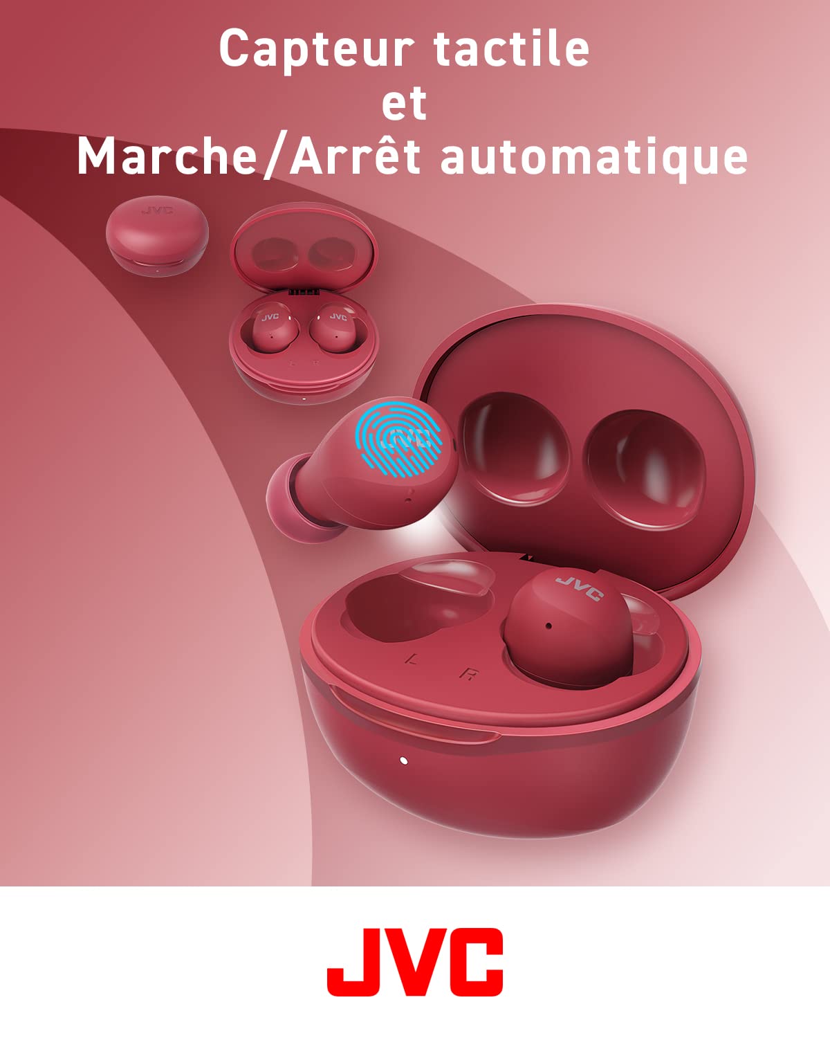 JVC Mini casque sans fil Gumy - Casque Bluetooth (5.1) petit et léger, avec 3 modes audio, résistance à l'eau (IPX4) et batterie 23 heures. Écouteurs pour le sport et la maison - HA-Z66T-R