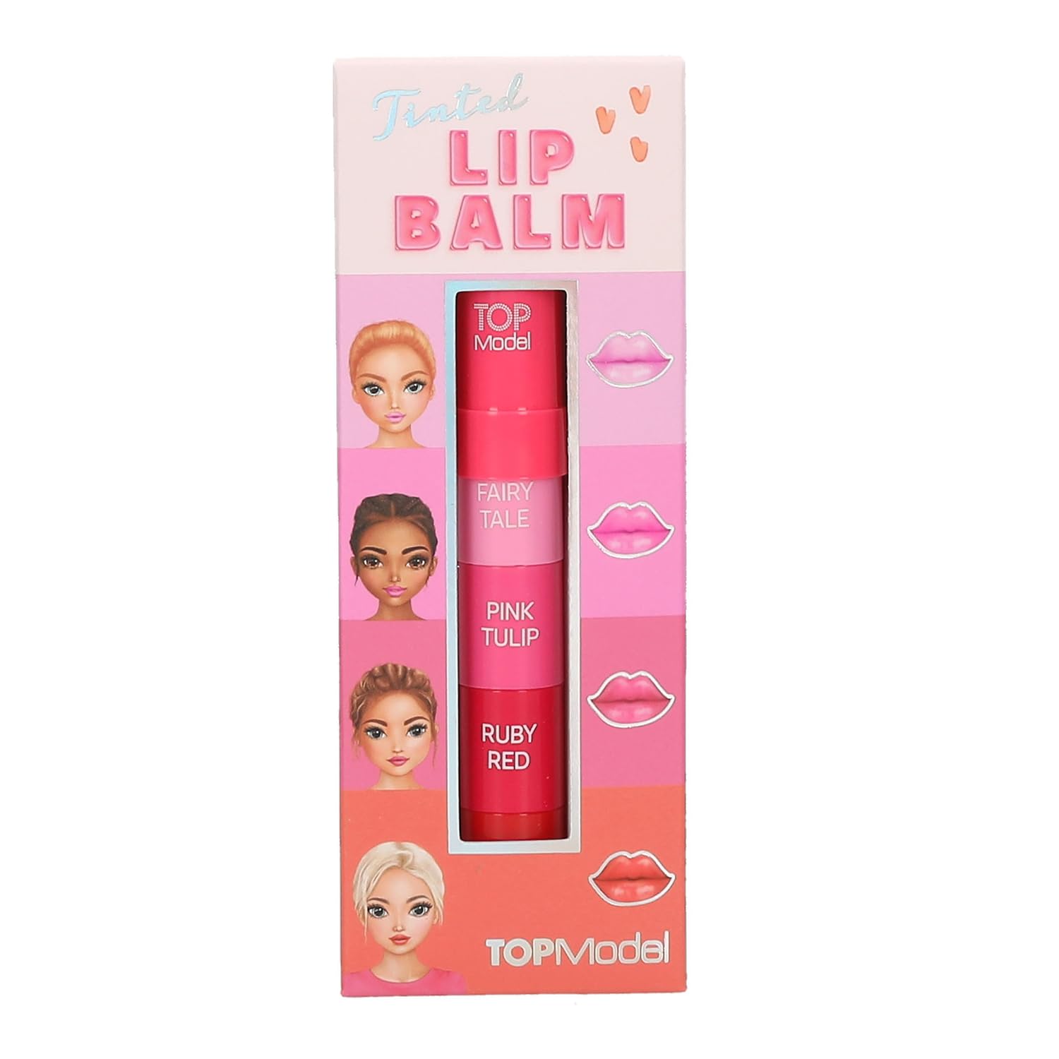 Depesche 13492 TOPModel - Lippenpflege Stift Beauty and Me, Set aus 4 Farben in Rot- und Rosatönen, mit Zuckerwatte Duft