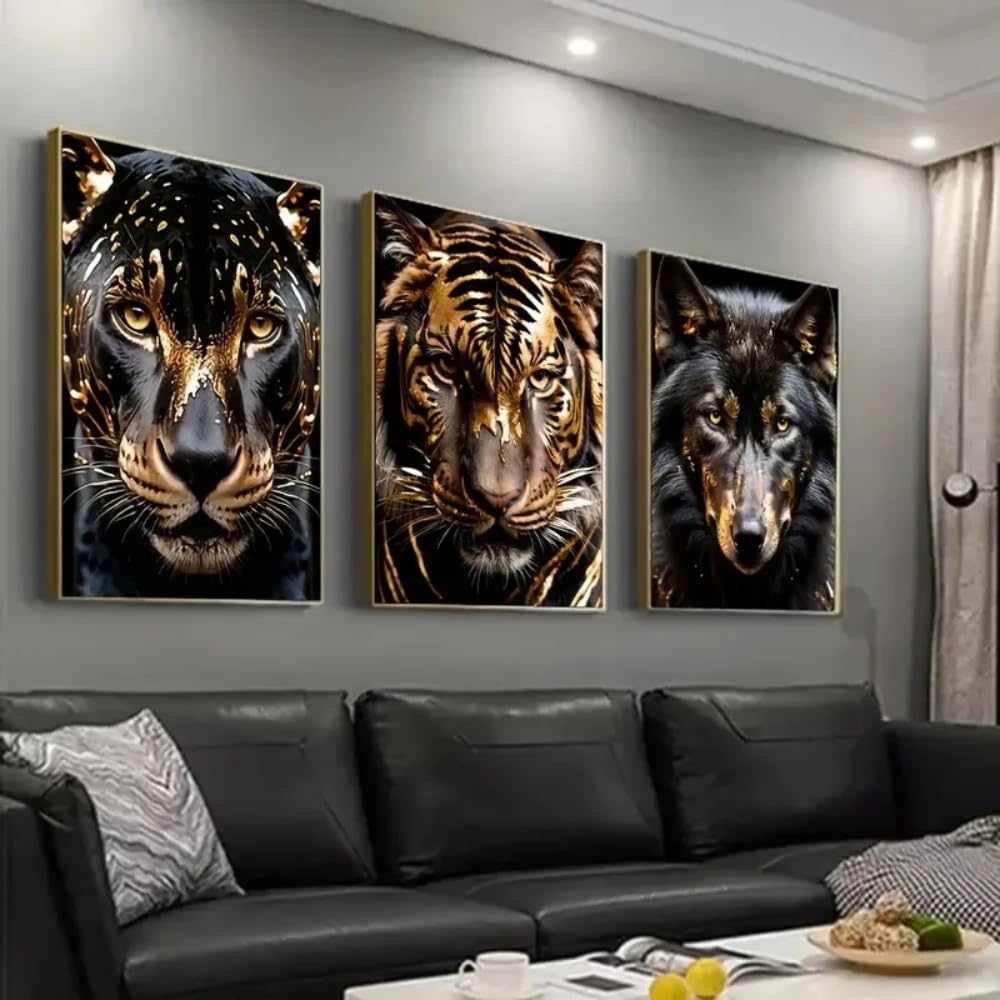 HURCP Set Of 3 Canvas Poster Vintage Abstract Black And Gold Panther Tiger Wolf Ferocious Animal Wall Art Prints Gift Bedroom Living Room Dorm Gallery Corridor Decor Picture,A2 (42X60CM)