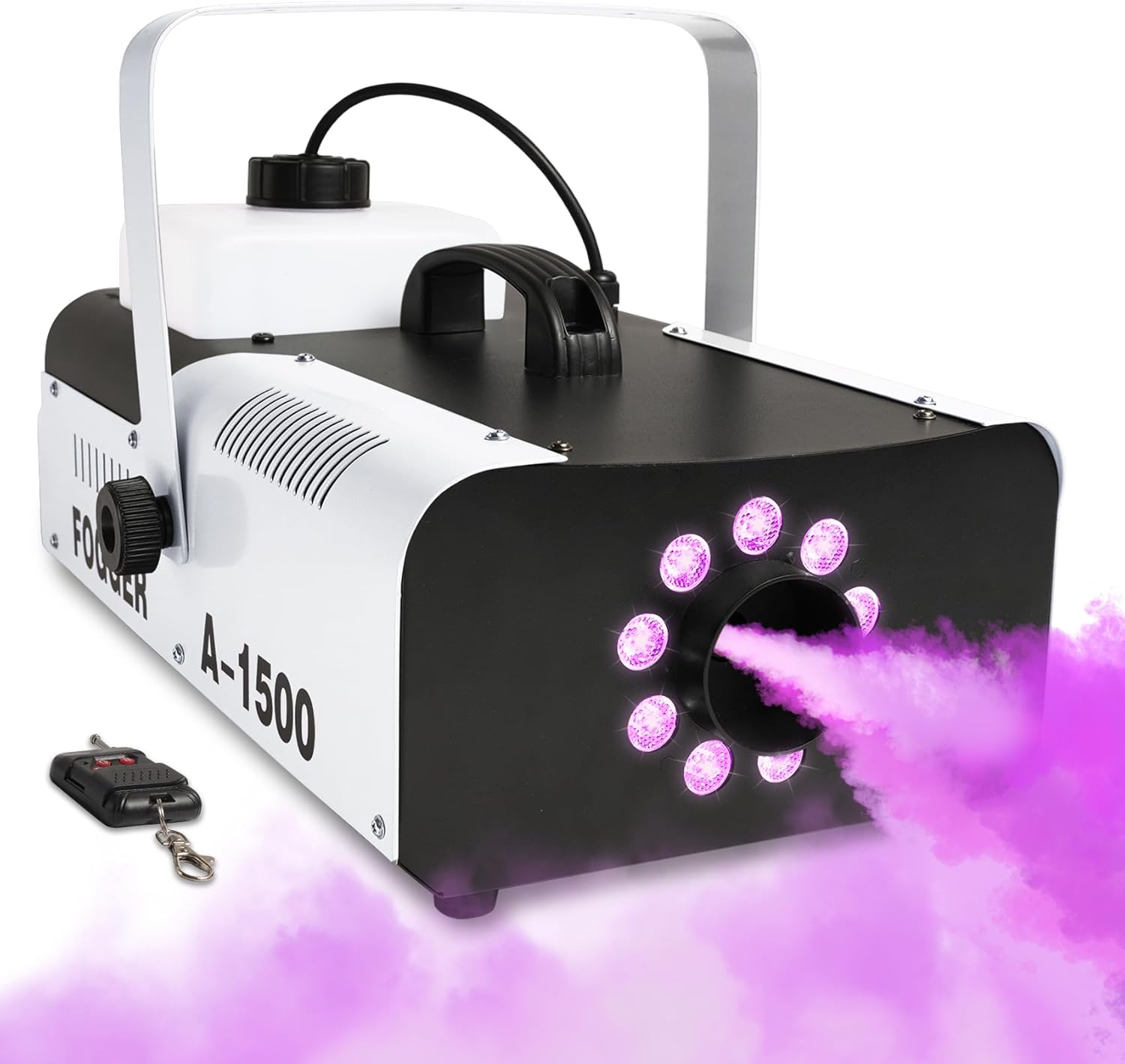 Haiwutech Fog Machine 1500W with Timer DMX Smoke Machine with 9 RGB LED Lights and 28,000 CFM Fogger Remote Control for Halloween, Party, Stage Effect, Wedding