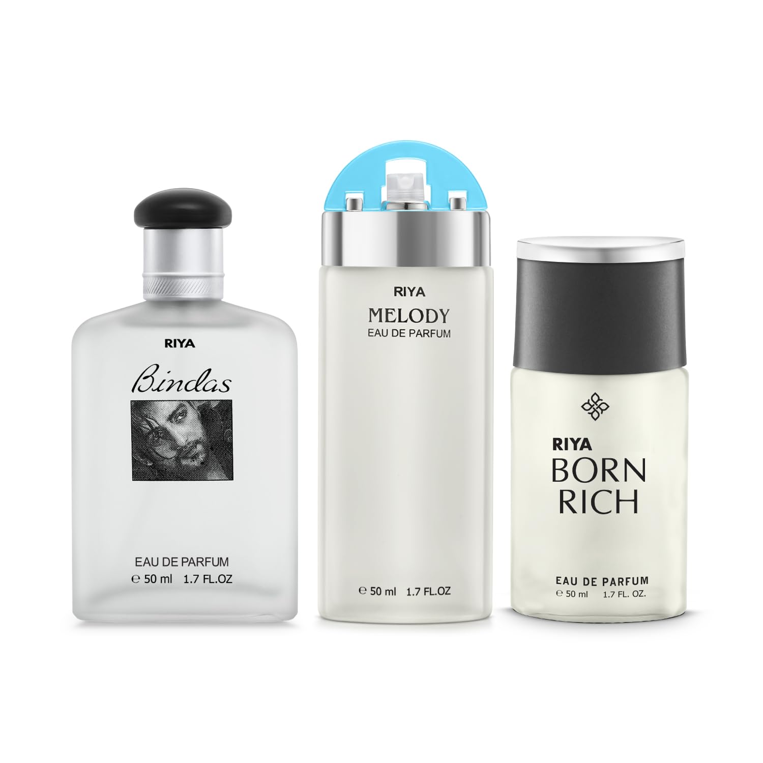 RIYA Melody | Born Rich | Bindas Eau De Parfum Spray For Unisex | Mild Fragrance Perfume | Long Lasting Fragrance | Morning Fresh Feeling 50ml Each (Pack Of 3)
