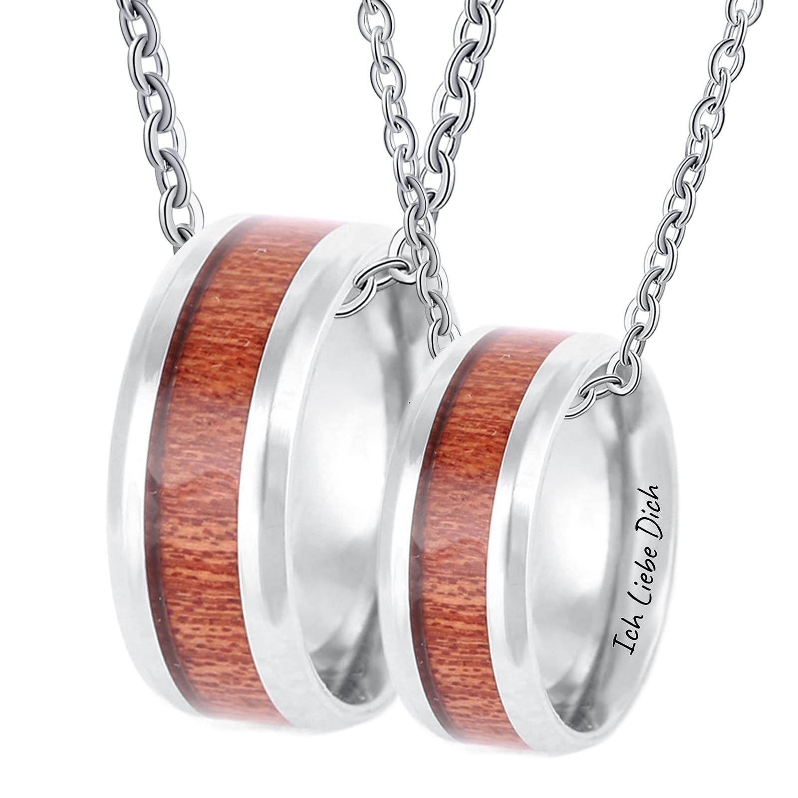 AmDxD Coppia di collane personalizzate in tungsteno con incisione "Ich Liebe Dich", in legno, con incisione, 2 anelli, argento, per uomo e donna, larghezza 8 mm, lunghezza 60 cm/50 cm, tungsteno,
