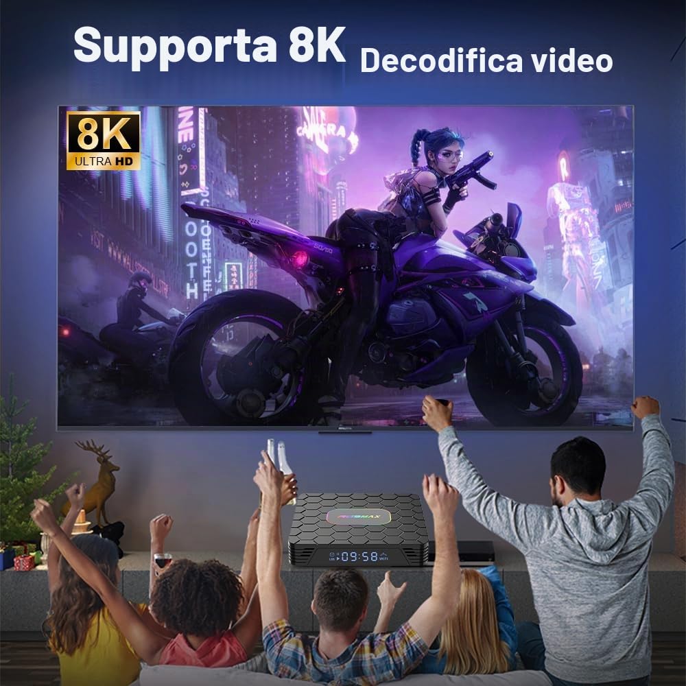 Android 14.0 TV Box, Box TV 4GB RAM 32GB ROM RK3528 Quad-Core Cortex-A53 8K Decoder, supporto 2.4G/5.0GHz Dual Wi-Fi 6 BT 5.0, USB 3.0/2.0, HDMI 2.0 Smart TV Box