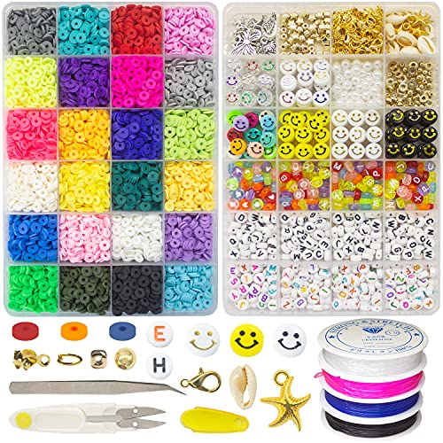 4800 Pcs Clay Heishi Beads for Bracelets,Flat Round Clay Spacer Beads,Acrylic Smiley Face Beads,Pearl Beads,16 Sets A-Z Letter Beads,Small Gold Beads,6mm Polymer Clay Bead for DIY Jewelry Making kit