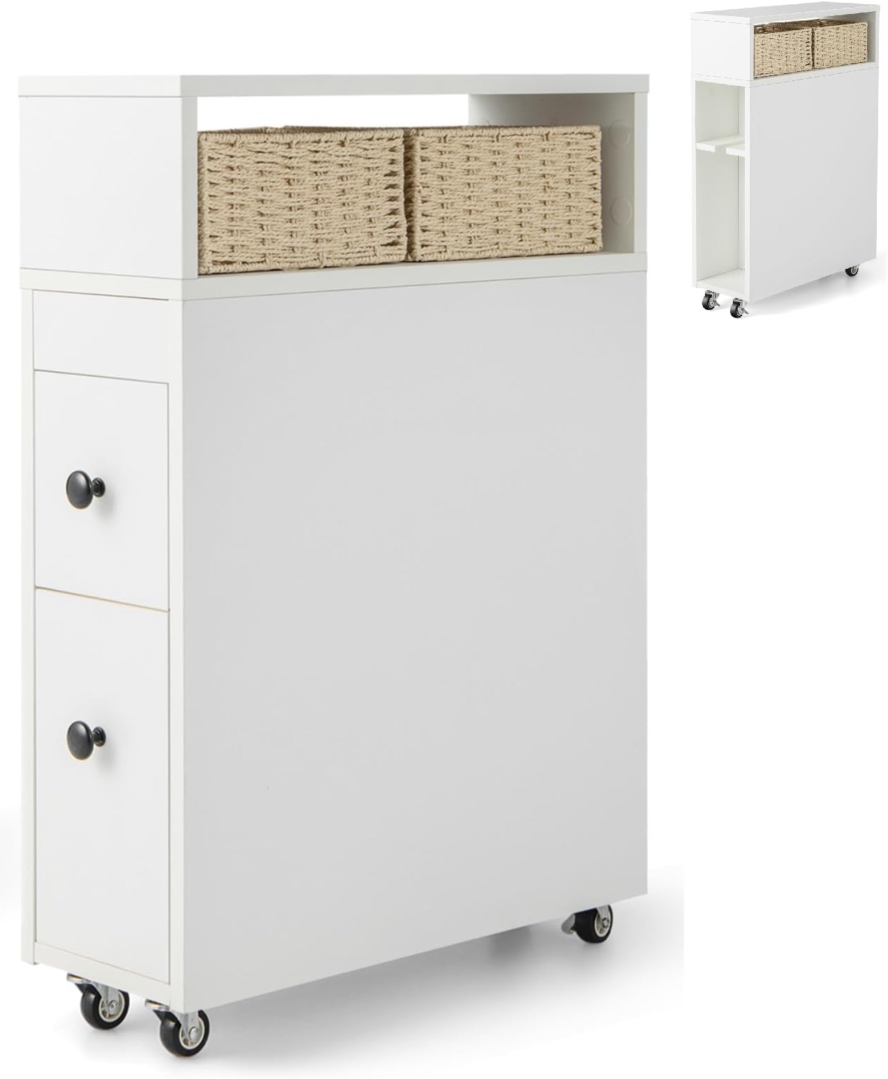 COSTWAY Slim Bathroom Floor Cabinet, Mobile Narrow Bathroom Storage ...