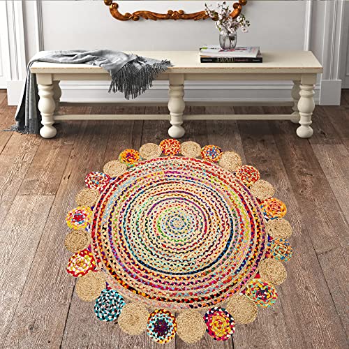 Eleet Handcrafted Reversible Cotton Area Rug - 3 Ft Multicolor Hand Woven Braided Rug Rag (3 Feet Fancy Round Cotton + Jute) #TOP6