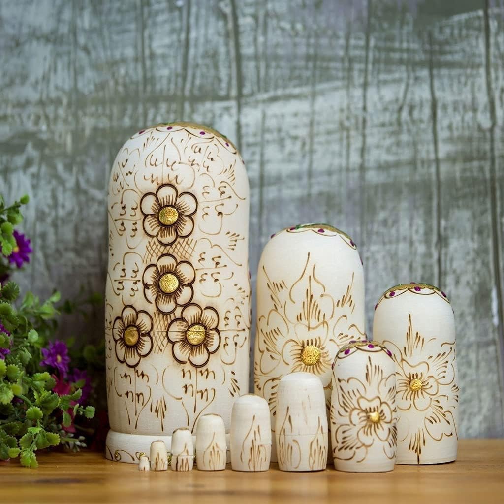 OLOTU 10 Pieces Russian Nesting Dolls Golden Flower Fairy with Bird Handmade Wooden Stacking Nested Set Matryoshka Wooden Toys