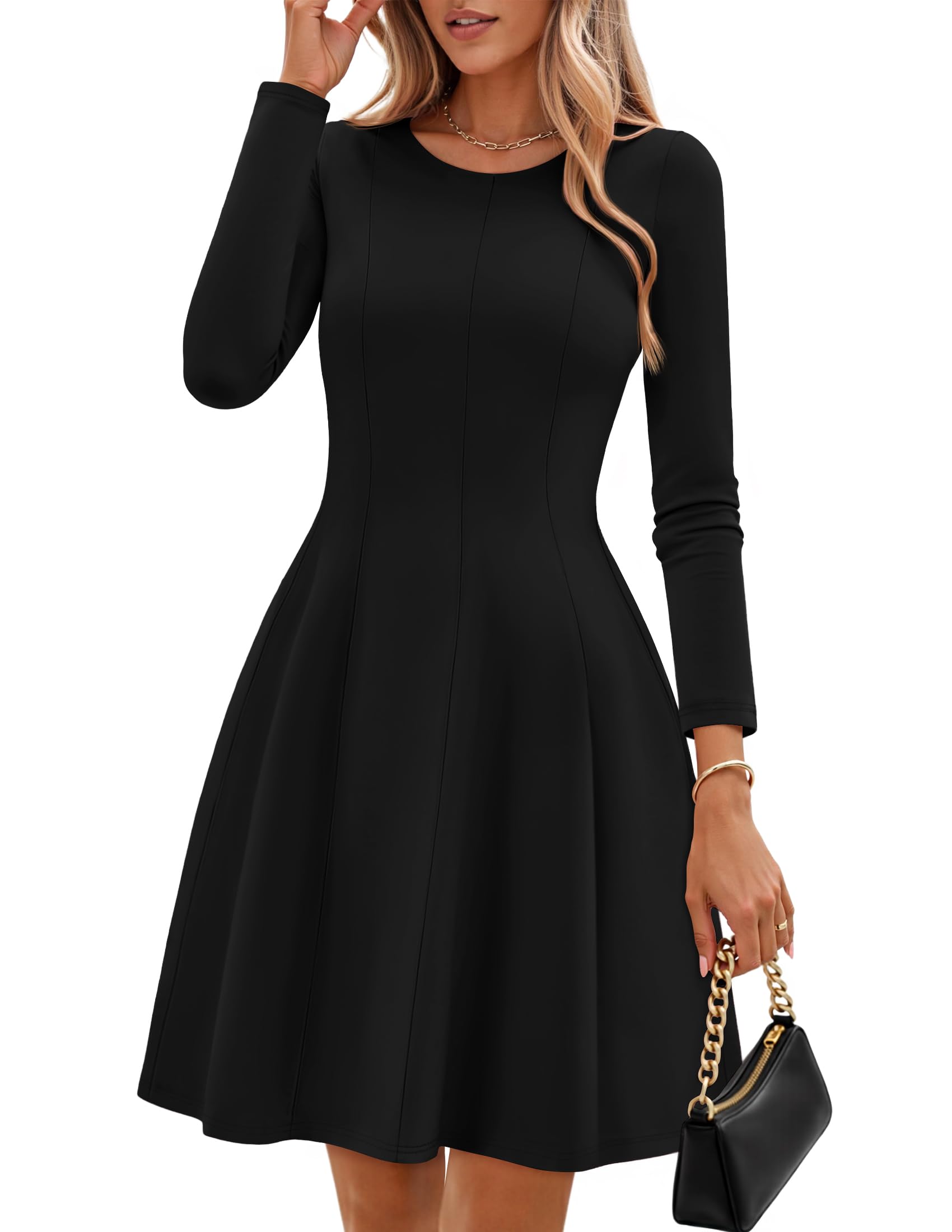 ZESICA Womens Long Sleeve Mini Dress 2026 Fall Crewneck Pleated Babydoll A Line Flowy Wedding Party Short Dresses