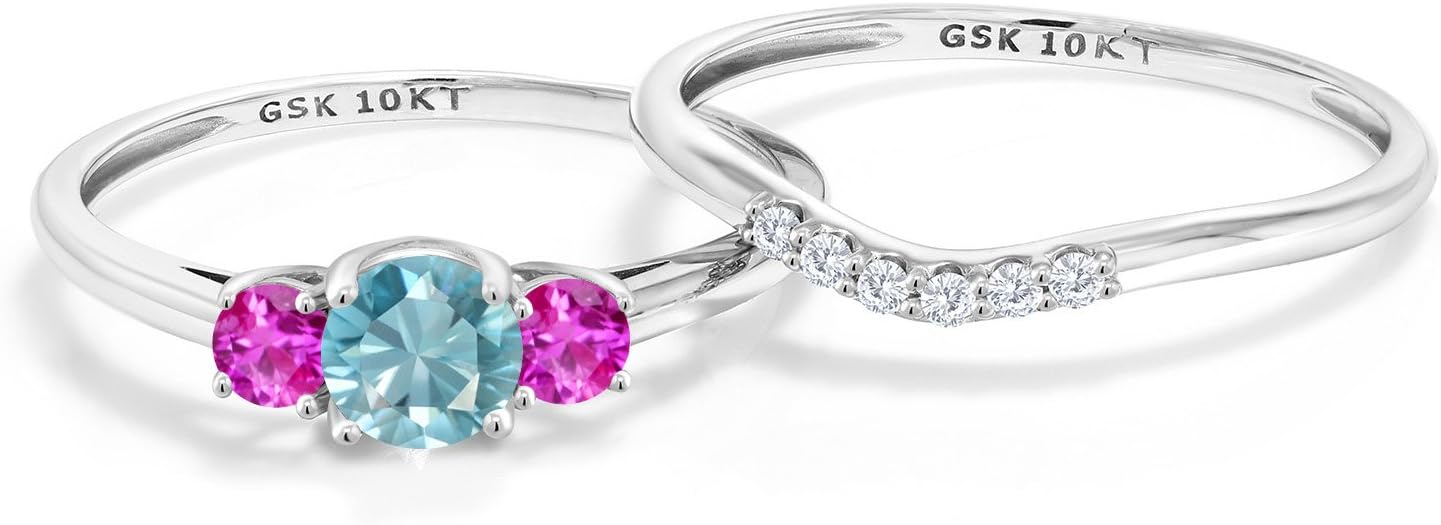 Gem Stone King 10K White Gold Blue Zircon and Pink Sapphire and White Lab Grown Diamond 3-Stone Bridal Engagement Wedding Ring Set For Women (1.18 Cttw, Gemstone, Round 5MM)