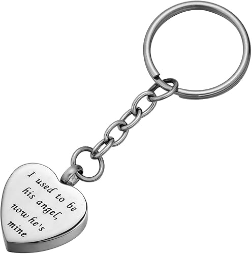 FCZDQ Llavero de urna de joyería de cremación de corazón de acero inoxidable para cenizas I used to be his angel, now he's mine