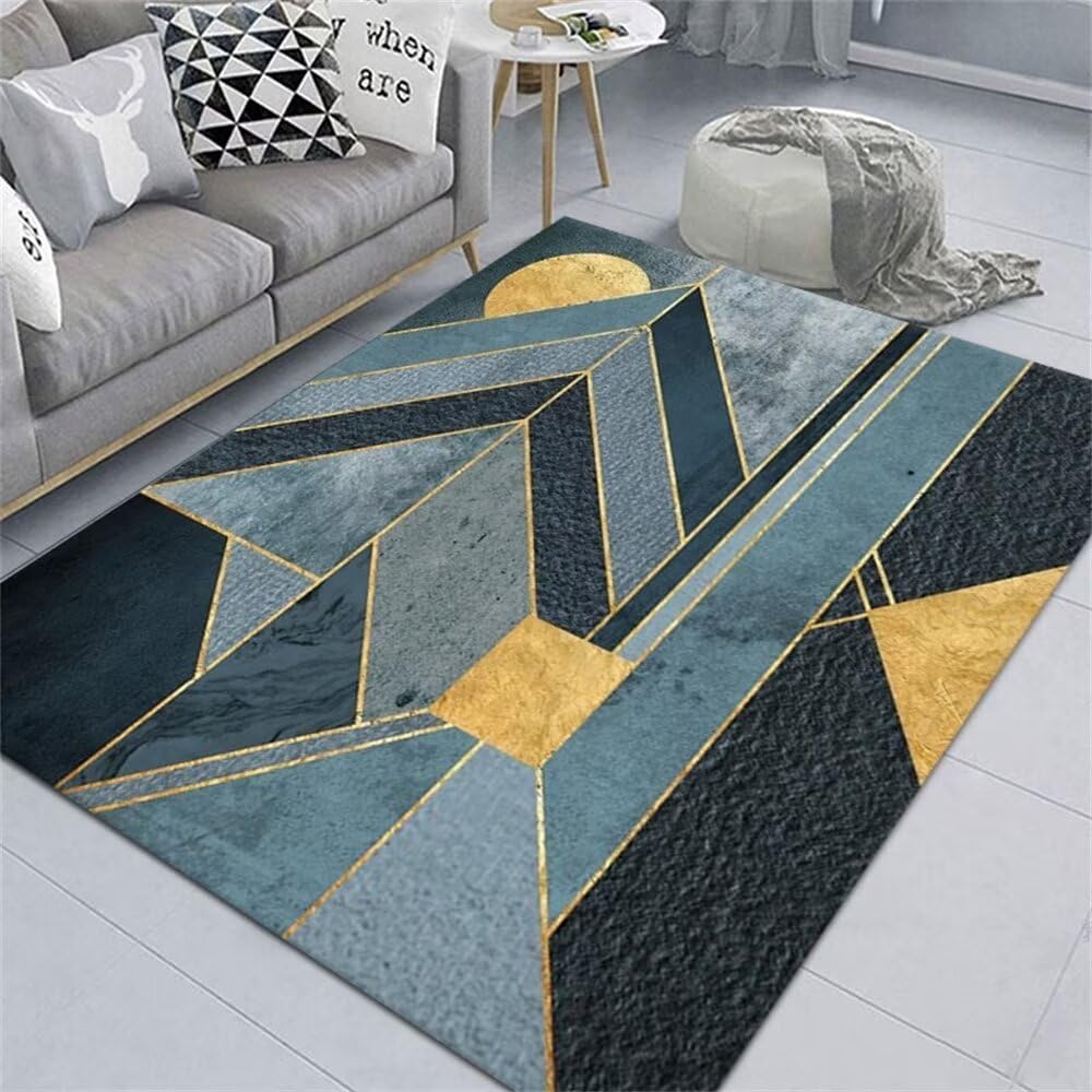 Grand tapis chambre garçon bleu aux motifs géométriques modernes