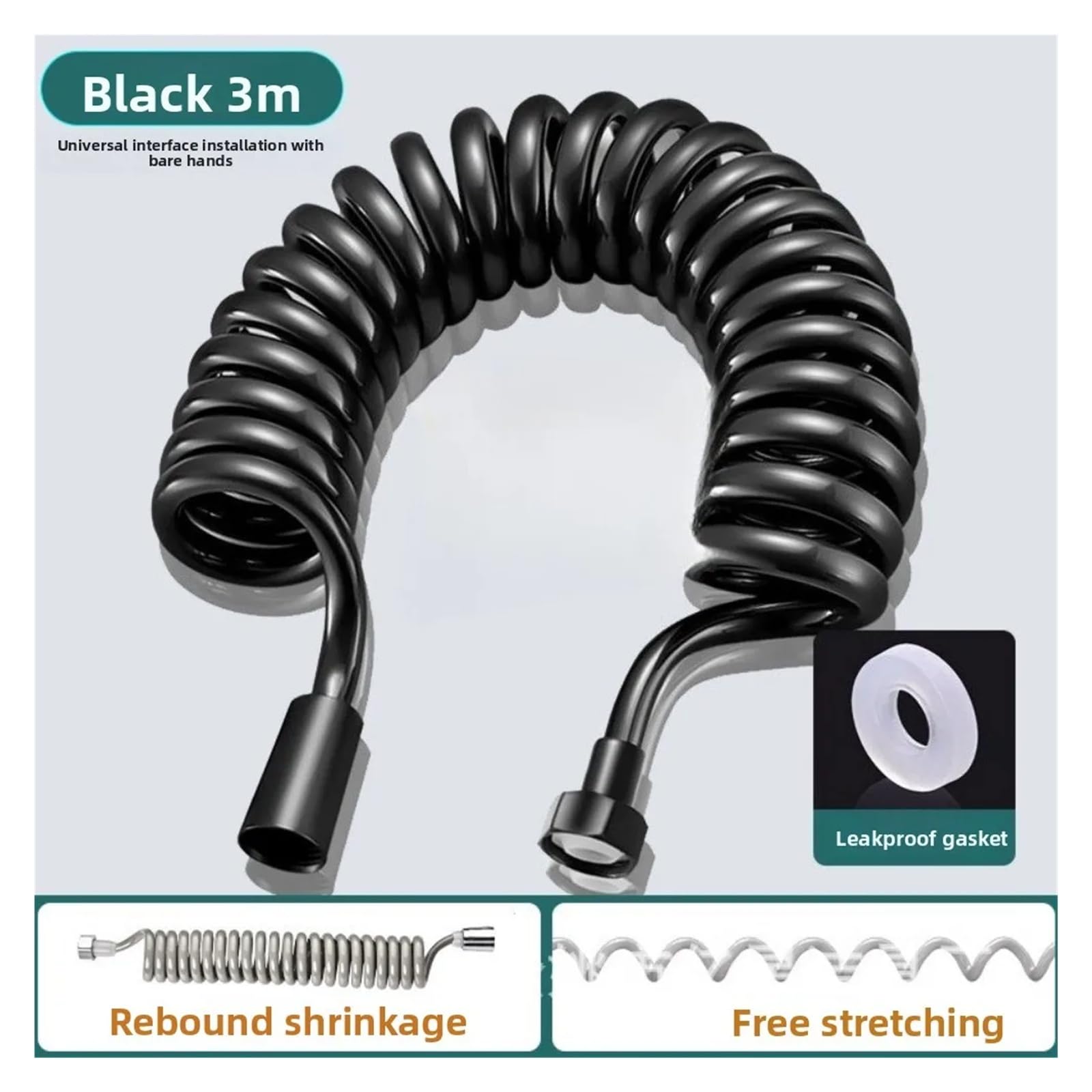 Manguera de jardín extensible de 5 a 15 m, tubo de agua retráctil flexible para uso en interiores y exteriores, G1/2, ajuste universal para ducha, inodoro y riego de plantas (negro, 3 m)