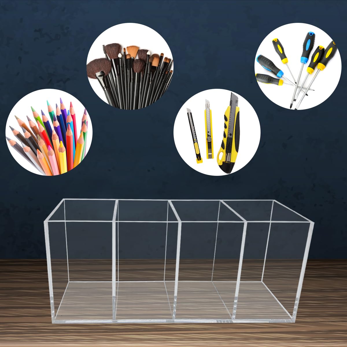 JNBGTU Acrylic Pen Pot Clear Pencil Holder, 4 Compartments Stationary Organiser for Desk Office School Countertop Desk - Image 3