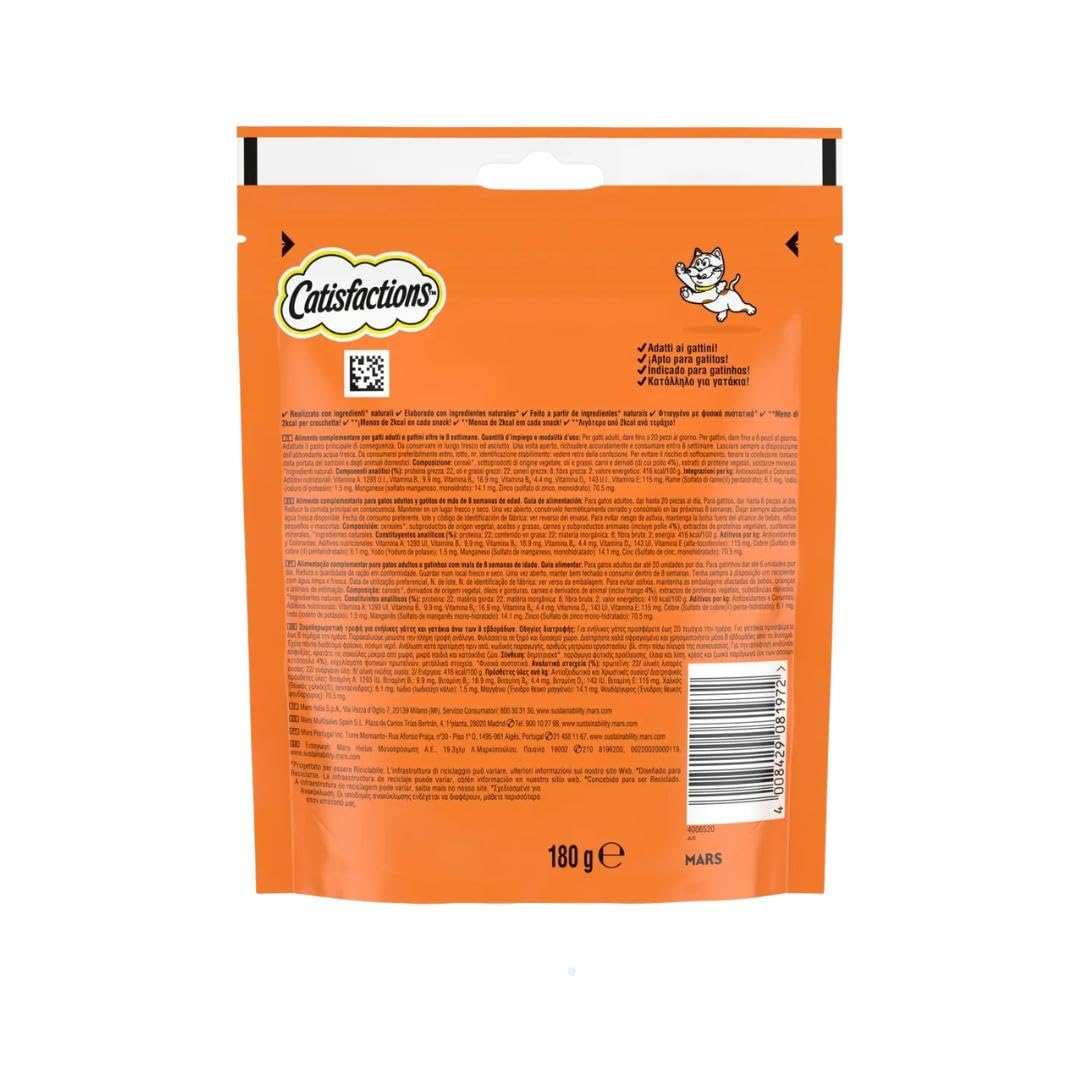 Snack para gatos Catisfactions, snack para gatos adultos y cachorros sabor POLLO | 3 paquetes de 180 gramos cada uno.