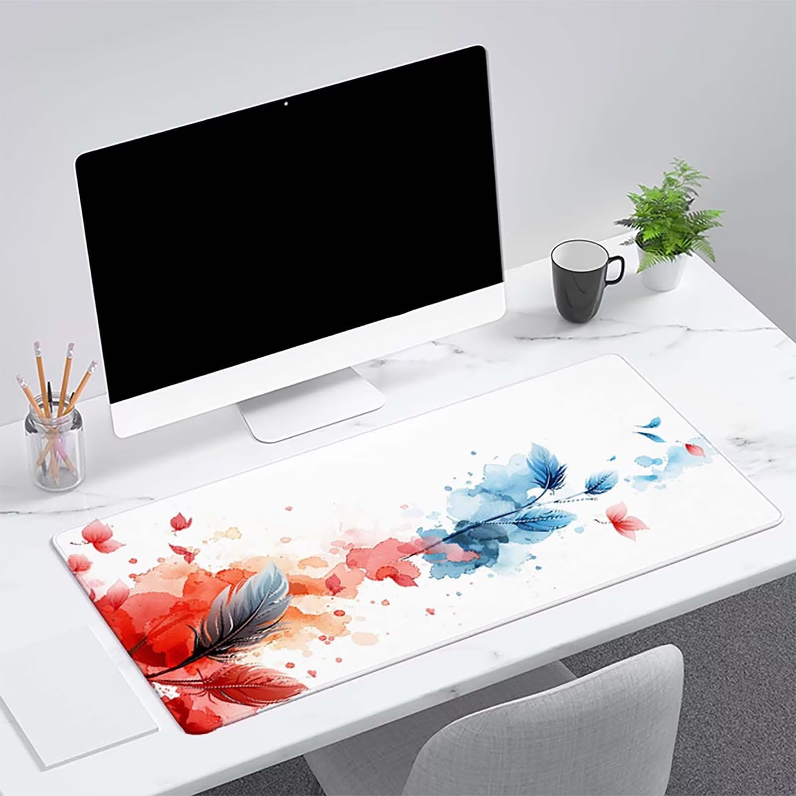 Podkładka pod mysz dla graczy z piórami podkładka pod mysz XXL (1200 x 600 x 3 mm), biała podkładka pod mysz podkładka pod mysz akcesoria biurowe akcesoria biurowe przeszyte krawędzie podkładka pod