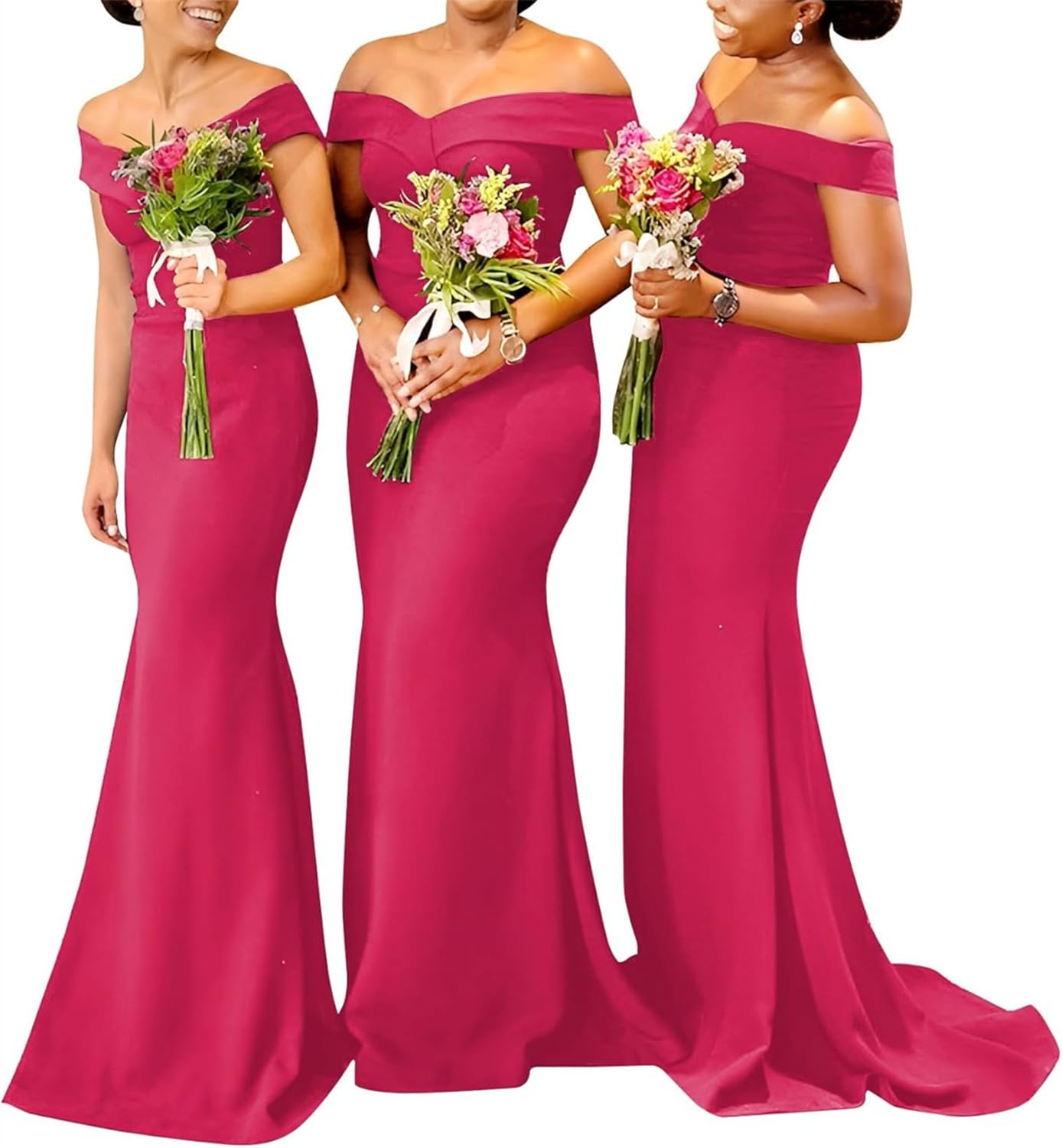 KURFACE Mermaid Satin Prom Dresses Hot Pink for Women Corset Off the Shoulder Bridesmaid Dress Formal Gown UK12