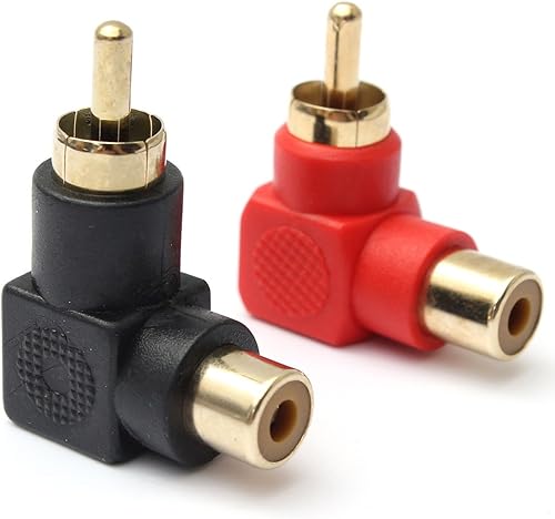 Miniatura 2 de Conectores RCA macho a RCA hembra adaptadores de enchufe de ángulo recto MF codo de 90 grados chapado en oro (5 negros + 5 rojos) (paquete de 10)
