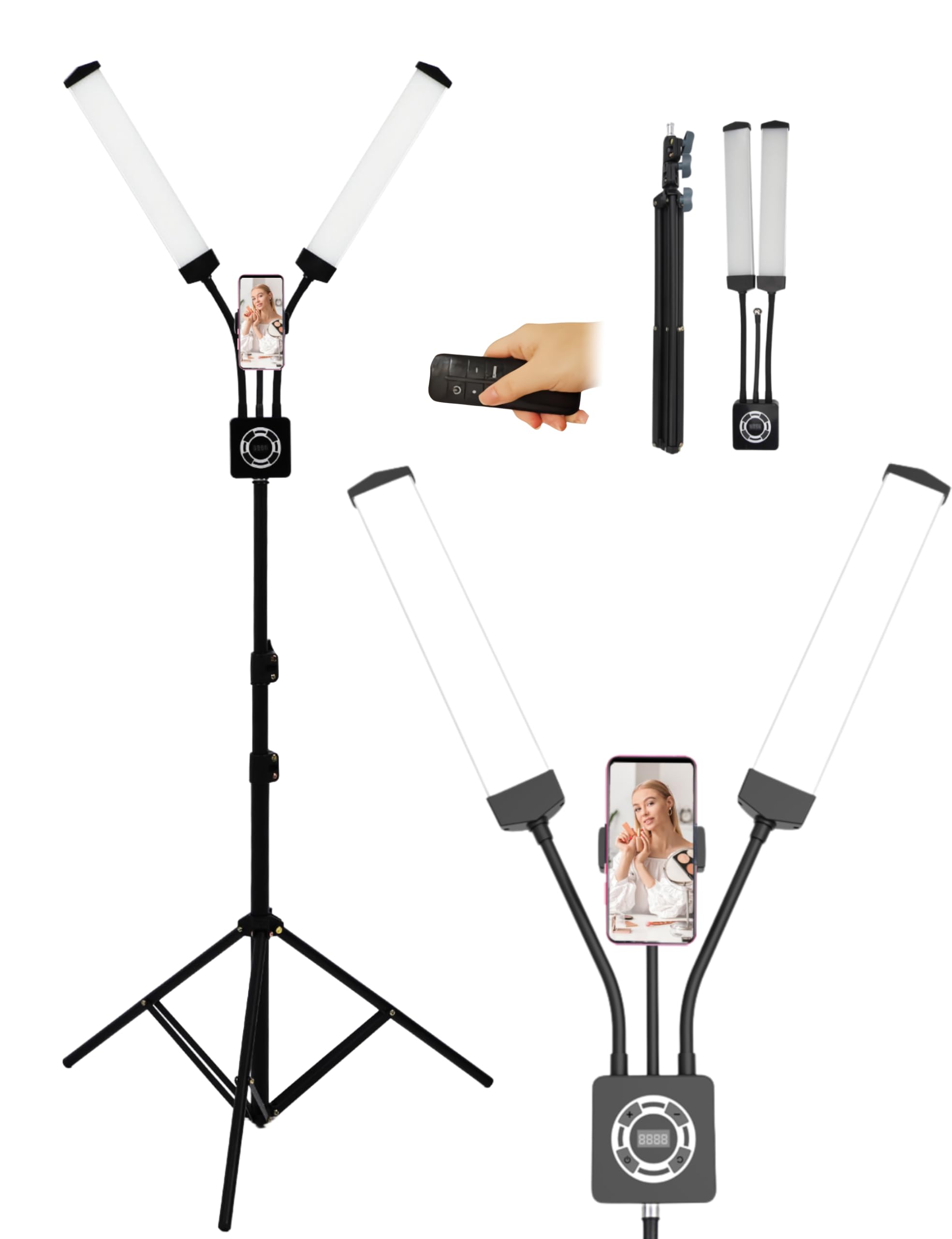 LED-videolamp met Statief, 40W Schoonheidslicht met Dubbele Armen, Dimbare 3200-5600K Vloerlamp voor Wimperextensions met Telefoonhouder, Draagbaar Tattoo-lashlicht voor Make-up