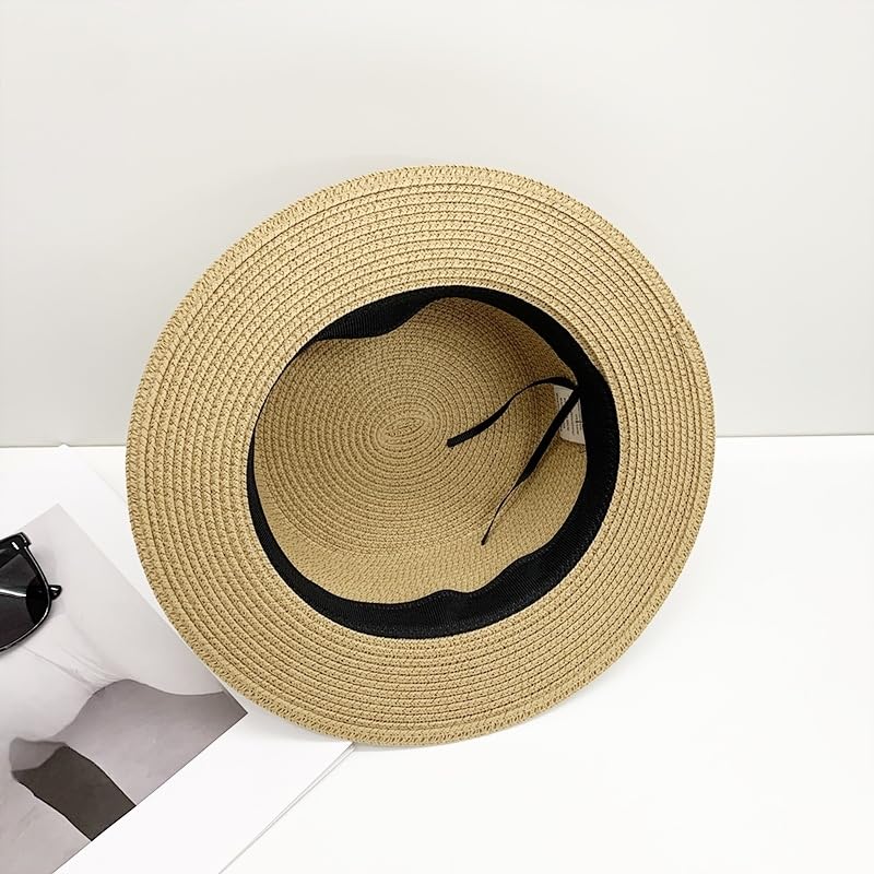 Sombrero de Paja de ala Ancha para Mujer,Ligero,Estilo Canotier,con Parte Superior Plana y Perla,Transpirable,para Actividades Al Aire Libre