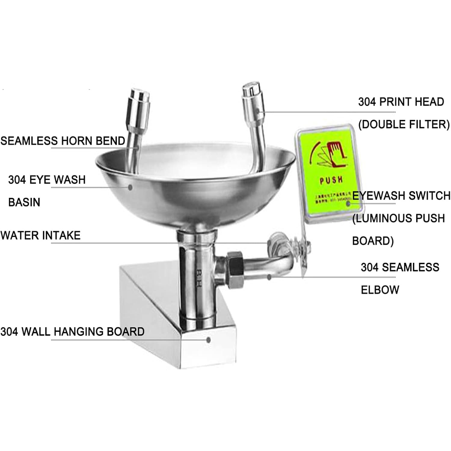 Station de lavage oculaire d'urgence avec double buse de pulvérisation, fixation murale pour un nettoyage immédiat du visage et des yeux, couvercles anti-poussière rabattables pour plus de sécurité