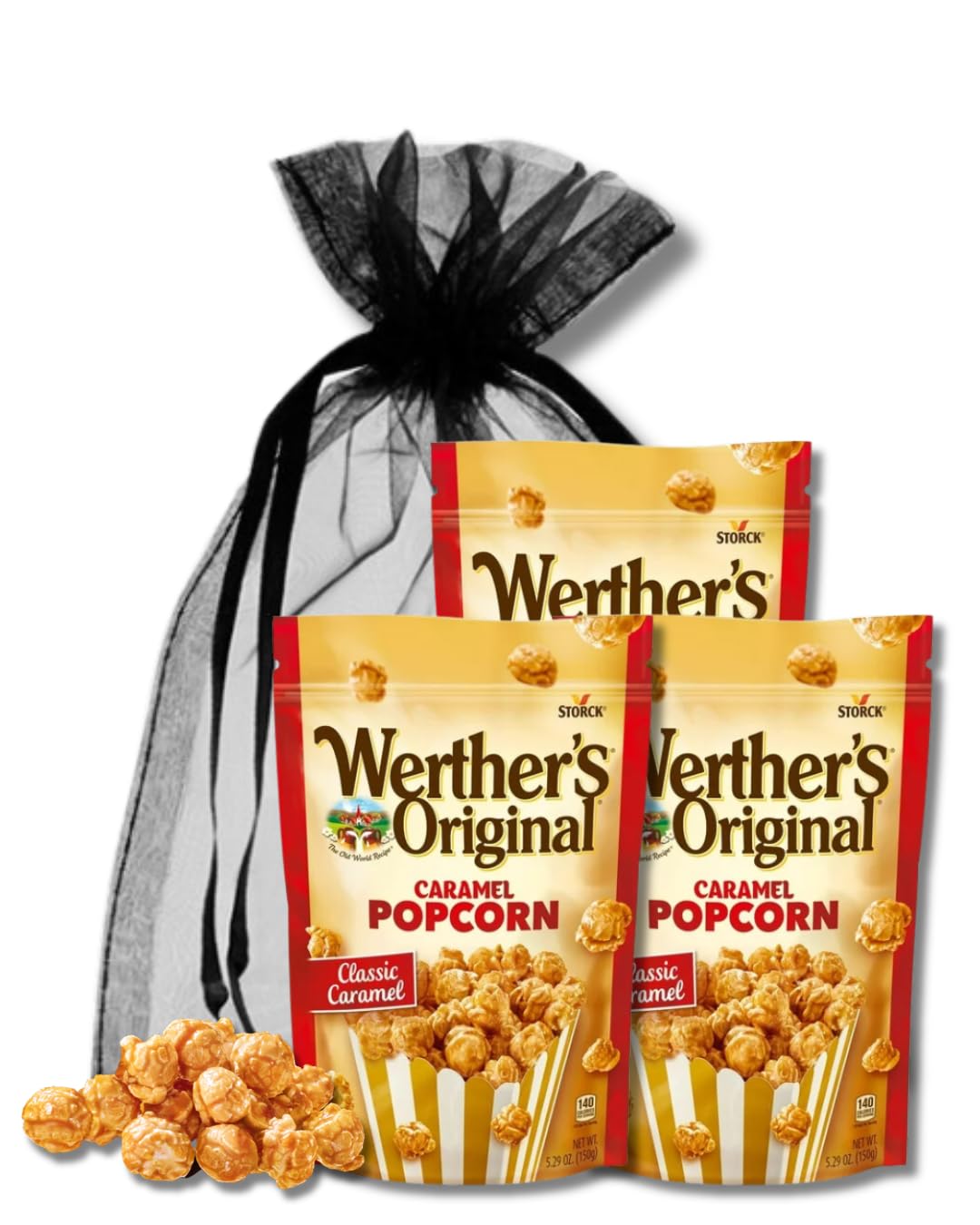 Werther's Original Caramel Popcorn Gift - Classic Caramel - Pack of 3, 5.29 oz. Resealable Bags By Lyza's Sweets & Treats