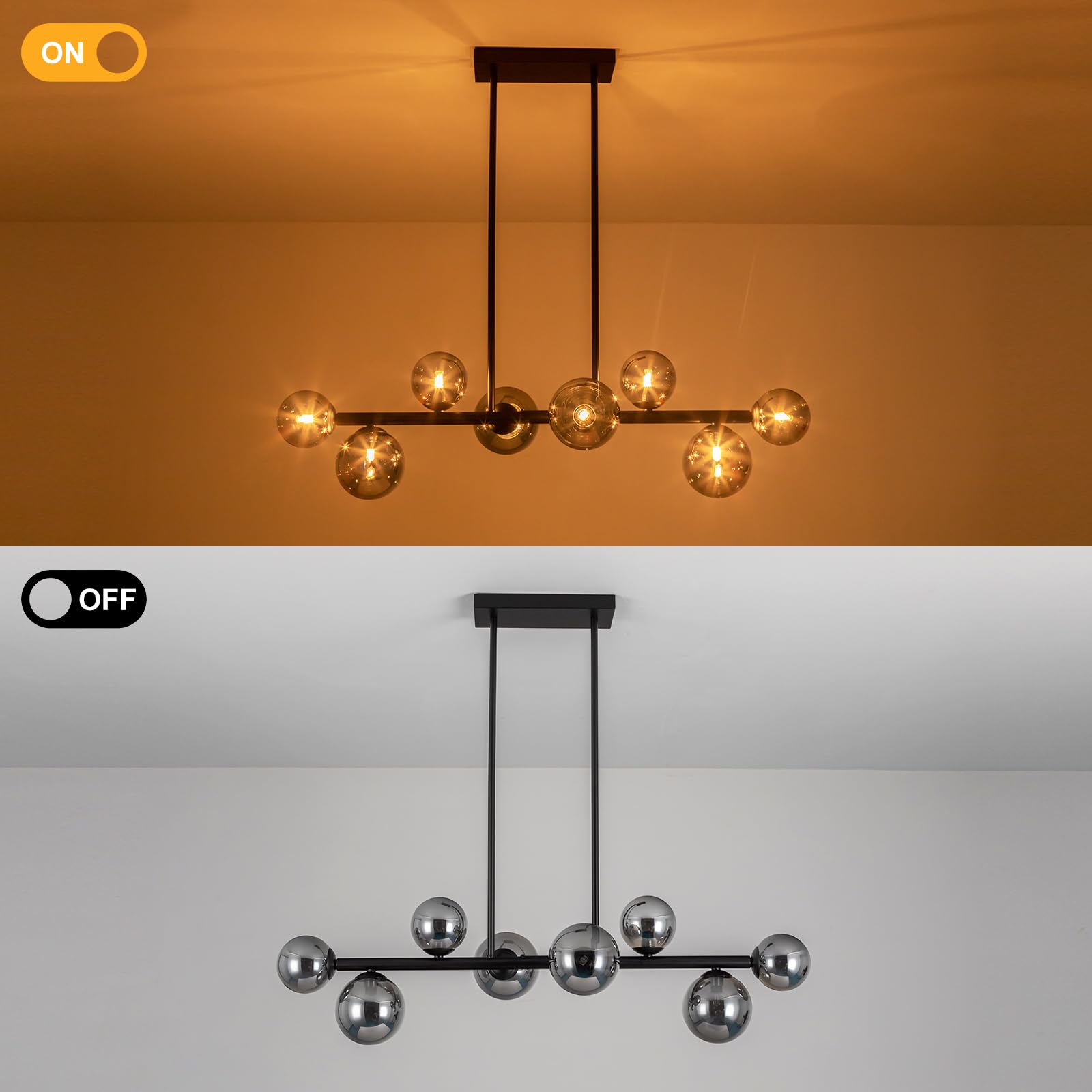 Jonsi Modern Sputnik Chandelier - 8 Lights Globe Smoke Glass Lampshade, Black Linear Mid Century Farmhouse Pendant Light Fixture for Kitchen Island, Living Room Dining Lighting