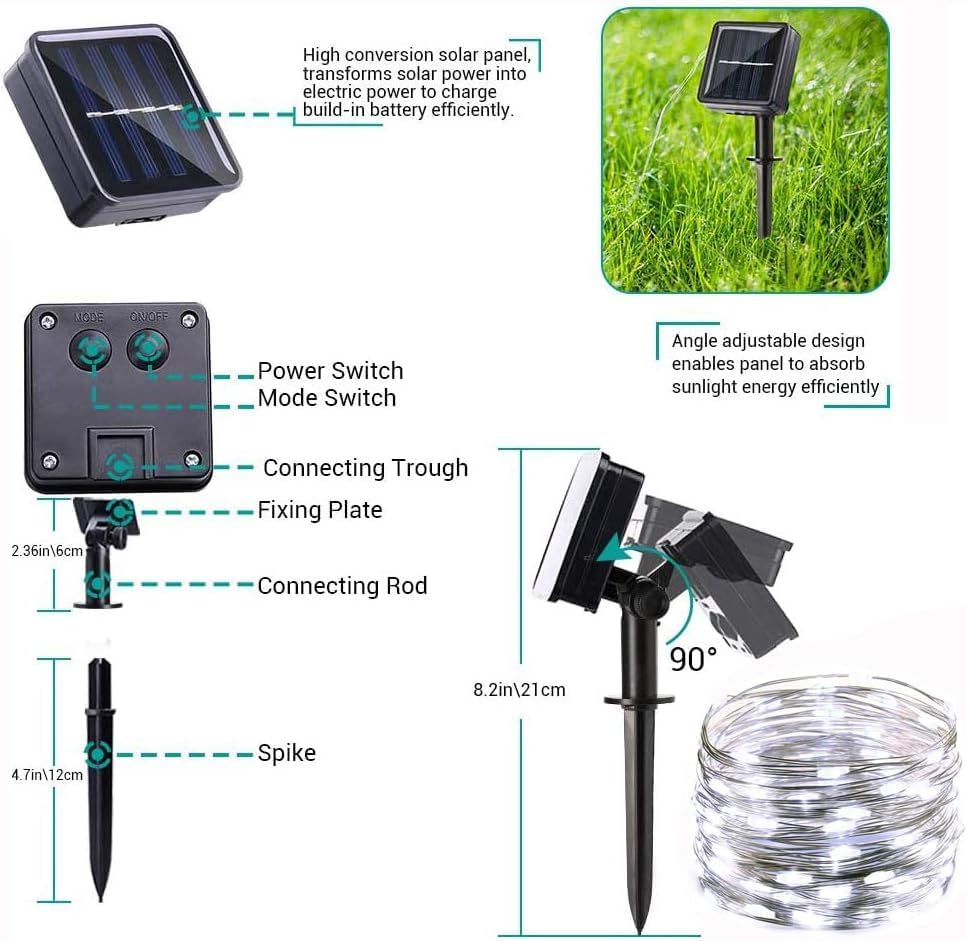 Geemoo 2 Pezzi Luci Esterno Solare 15M 150 LED, Catena Luminosa di Filo di Rame, Luci Stringa Energia Solare, 8 Modalità, Luci Natale Decorative per Giardino Natalizie Albero (Bianco)