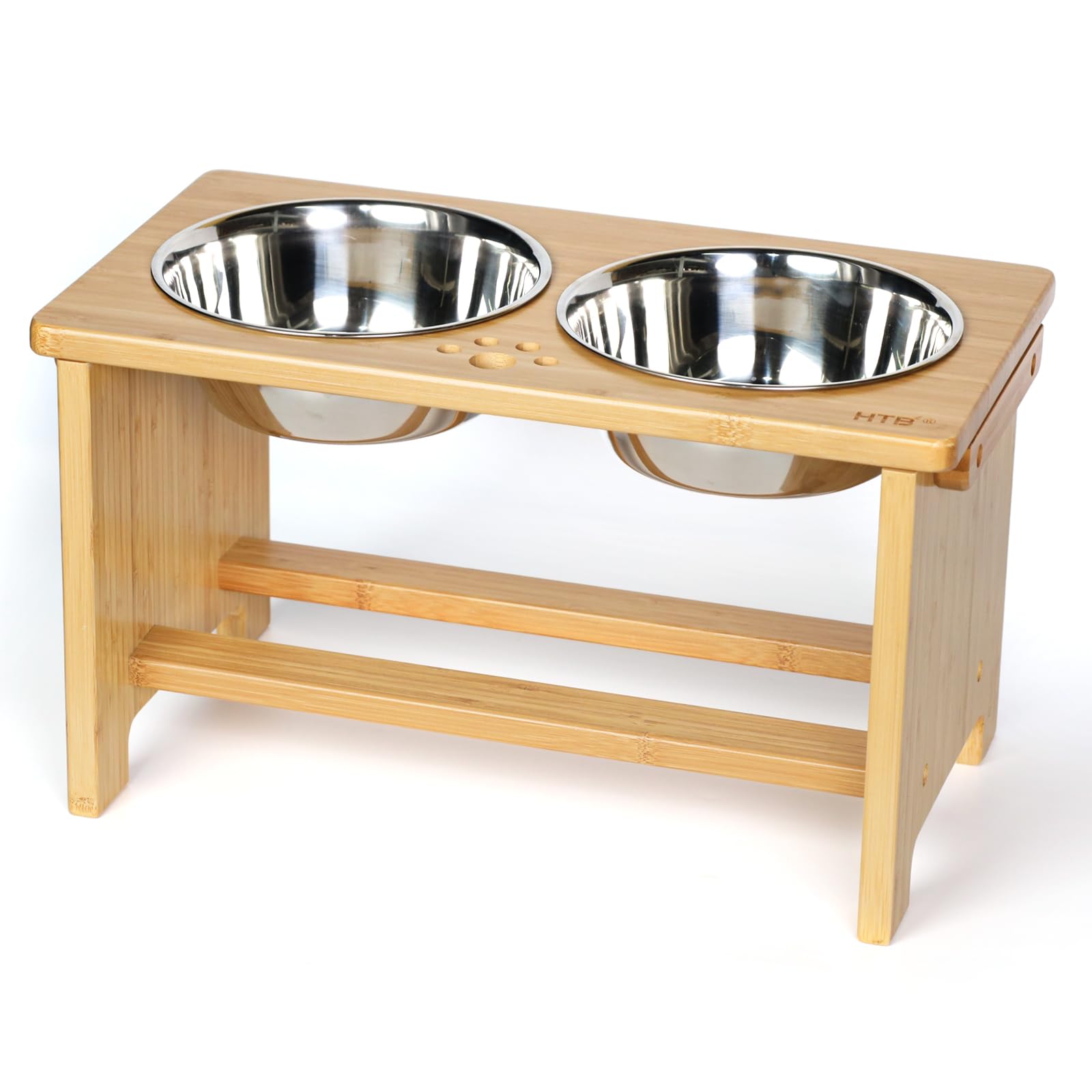 HTB Raised Dog Bowls With Stand, Bamboo Elevated Dog Bowls for Large Medium Small Size Dogs, Bamboo Pet Food And Water Feeder With 2 Stainless Steel Bowls - 43.99cm(L)*24cm(W)*25.5cm(H)