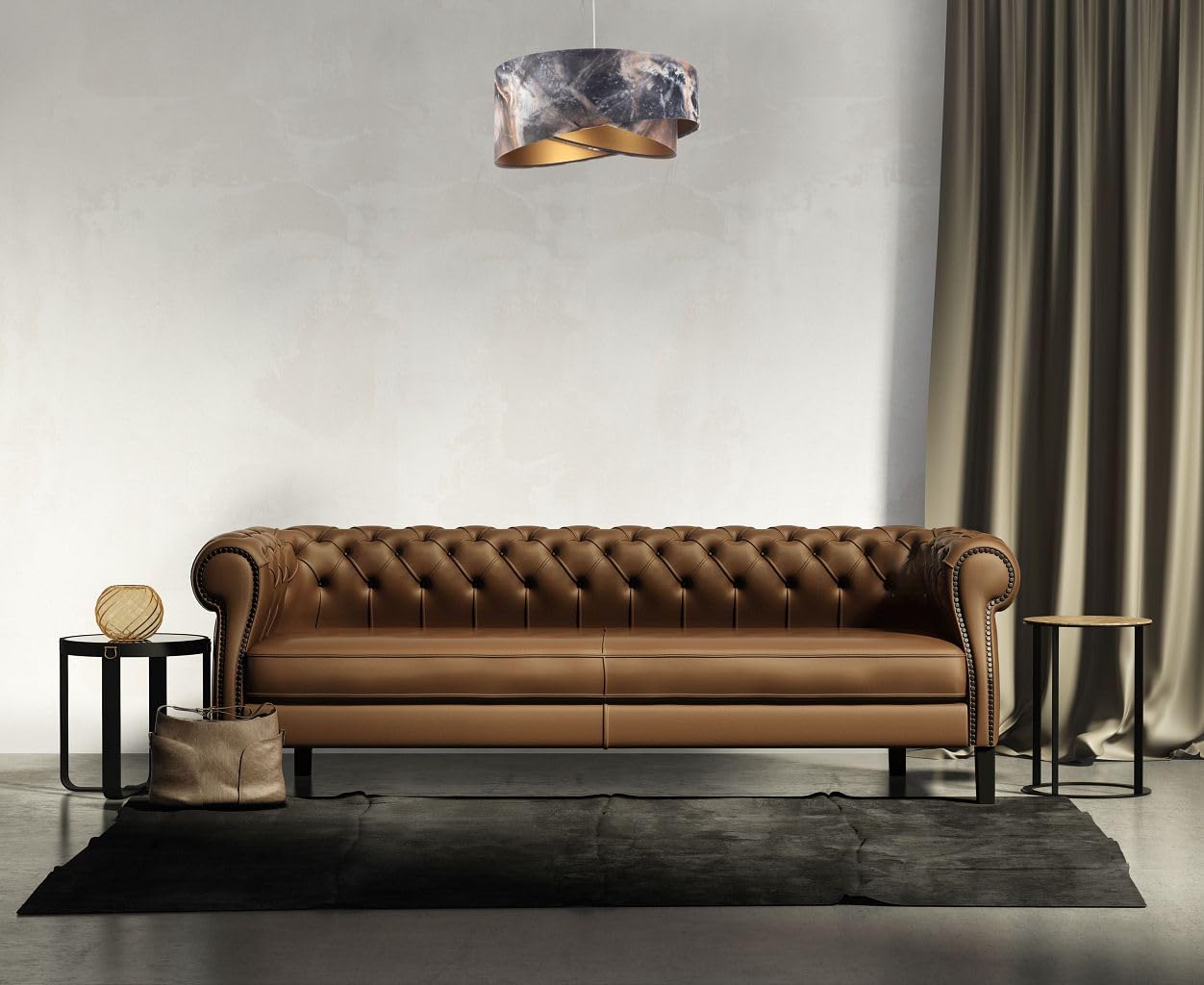 Licht-Erlebnisse Hängeleuchte E27 rund Ø 50 cm in Grau marmoriert Gold Doppelschirm Stoff Velours Optik Modern Pendelleuchte Wohnzimmer Hängelampe Esszimmer