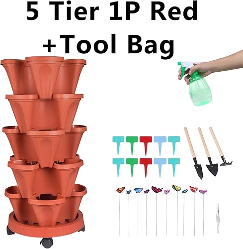 Miniatura 8 de Maceta vertical, maceta apilable de fresa de 5 niveles con juego de herramientas de jardín, maceta movible para interiores y exteriores, maceta de