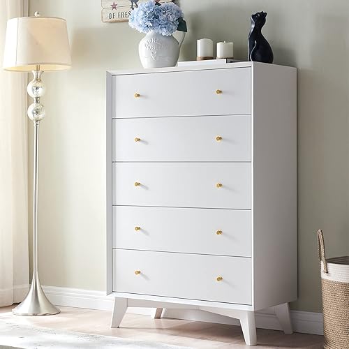 T4TREAM Cómoda de 5 cajones para dormitorio cómoda Morden de mediados de siglo 5 cajoneras organizador de almacenamiento de madera vestidor de