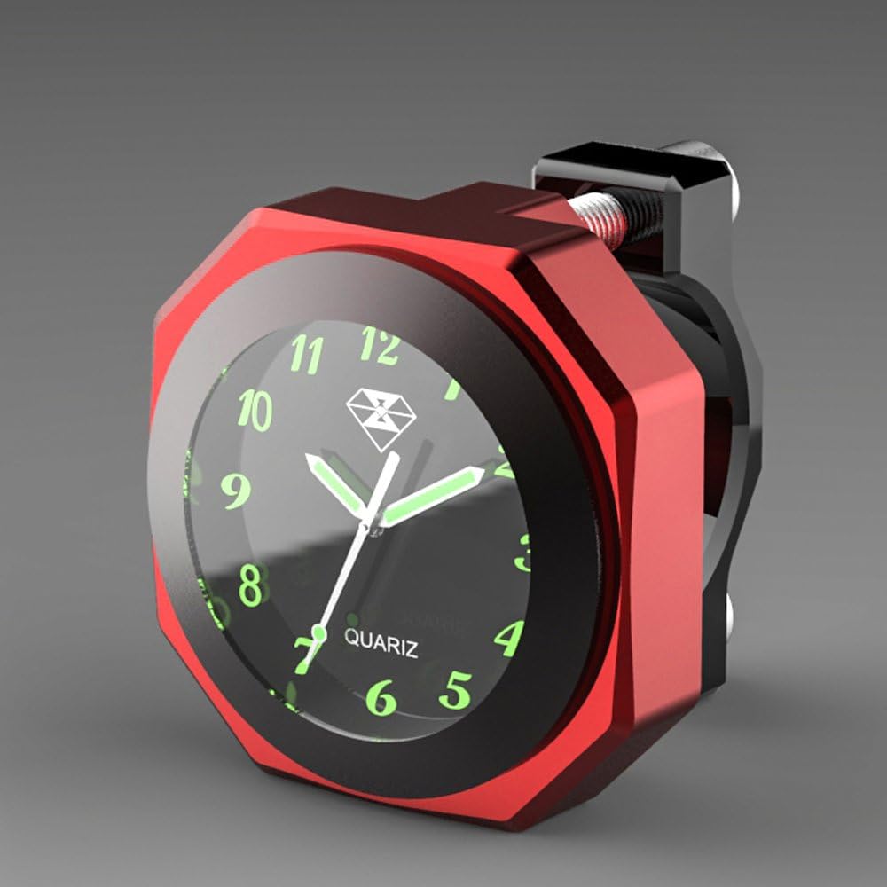 Waterproof 7/8"- 1 1/8" Handlebar Luminous Dial Motorcycle Clock for Dirt Bike Motocross Yamaha Kawasaki Honda Suzuki Harley Davidson (Red)