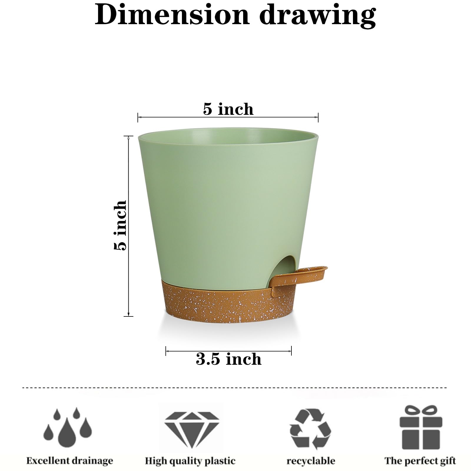 Lot de 5 pots de fleurs à arrosage automatique de 12,7 cm avec trous de drainage et réservoir - Pots de fleurs modernes en plastique pour intérieur et extérieur (vert marron)