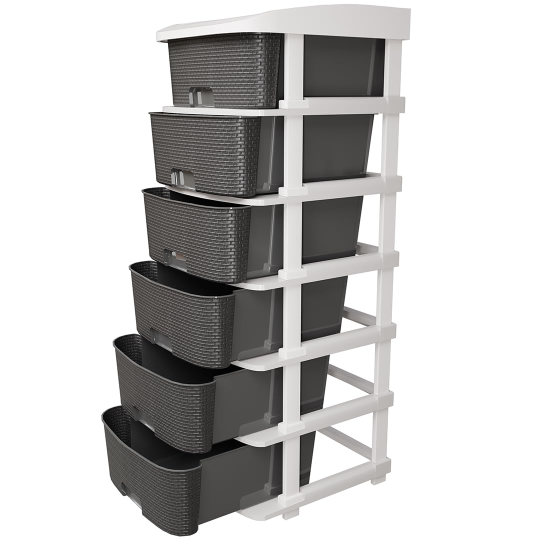 TEX-RO Plastic Modular Drawer Storage Chest of Drawers Organizer Storage Box | Large Stomo Racks for Multipurpose Organizers | Grey | 6 Layer