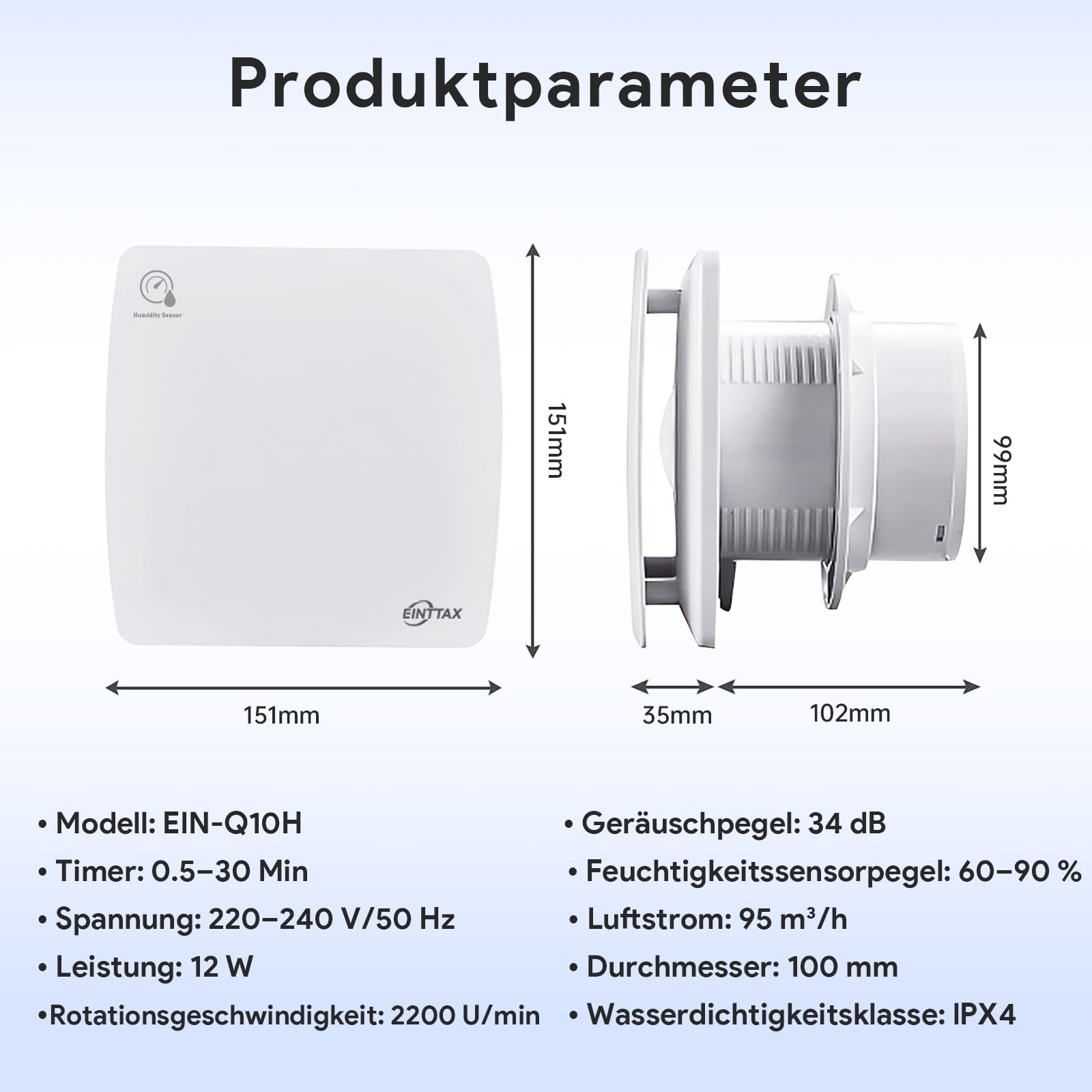 Badlüfter mit 100 mm Durchmesser, zur Wandmontage, Badezimmerventilator, IPX4 wasserdicht, leise (34 dB), inkl. Schrauben und Dübel, schneeweiß (mit Feuchtigkeitserkennung)