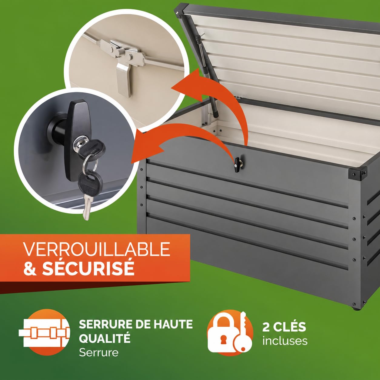 Gardebruk Coffre de rangement en Métal 385L Anthracite avec Vérin à gaz | Verrouillable par Cadenas à clés Inclus, 120x62 cm, Coffre de Jardin Extérieur, Rangement coussins et outils, Jusqu'à 100kg