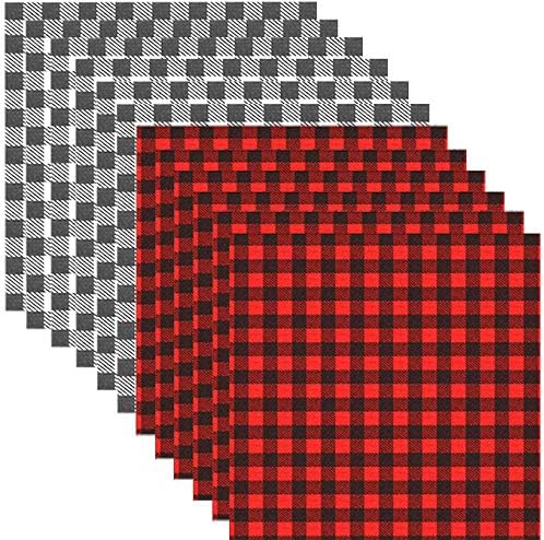Christmas Red Black Buffalo Plaid - 12 Sheets 12 x 12 Inch Heat Transfer Vinyl Red & Black Plaid Fabric Printed Vinyl Sheets Adhesive Iron on Vinyl for Clothes