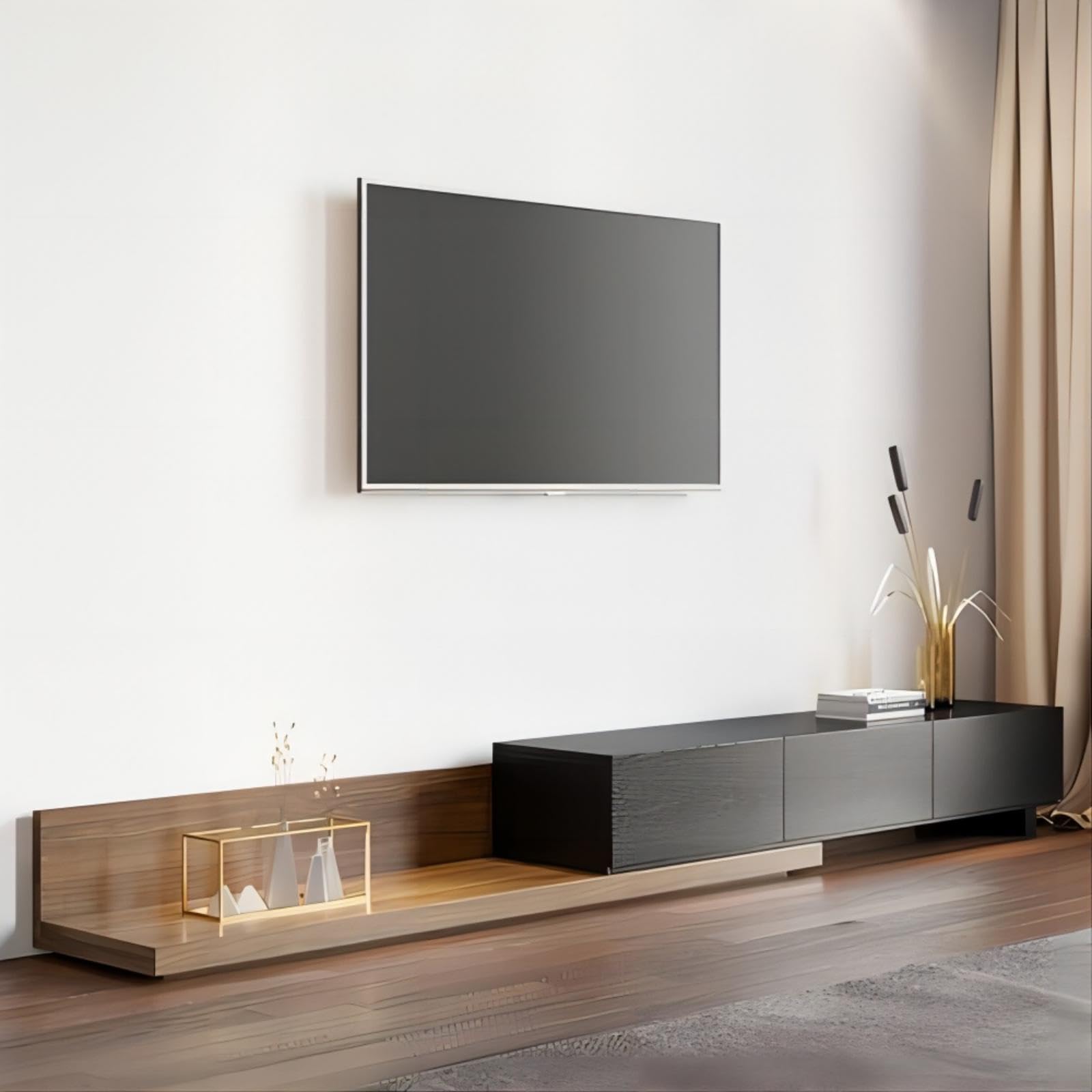 Homary Ausziehbarer TV-Ständer, ausziehbare Medienkonsole mit 3 Schubladen, modernes Entertainment-Center bis zu 120 Zoll (Schwarz & Walnuss)