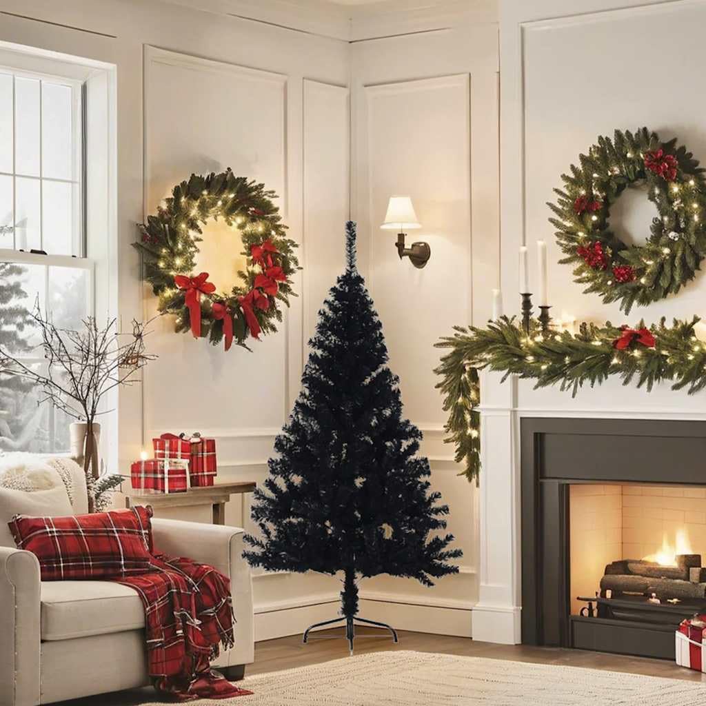 Árbol de Navidad artificial semicircular negro 150 cm con 340 ramas de PVC y soporte de acero estable semicircular para salón, oficina, interior y exterior, decoración festiva de Navidad