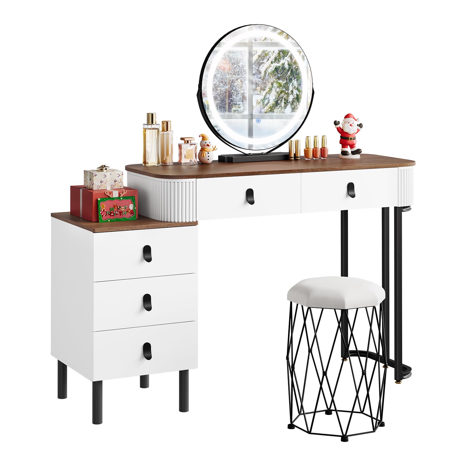 WOLTU Dressing Table with LED Lighting Mirror and Vanity Stool, 3-Colour Dimmable, Vanity Desk with 5 Drawers, Flexible Assembly, 100x40cm Tabletop, Orange Brown Wood Effect