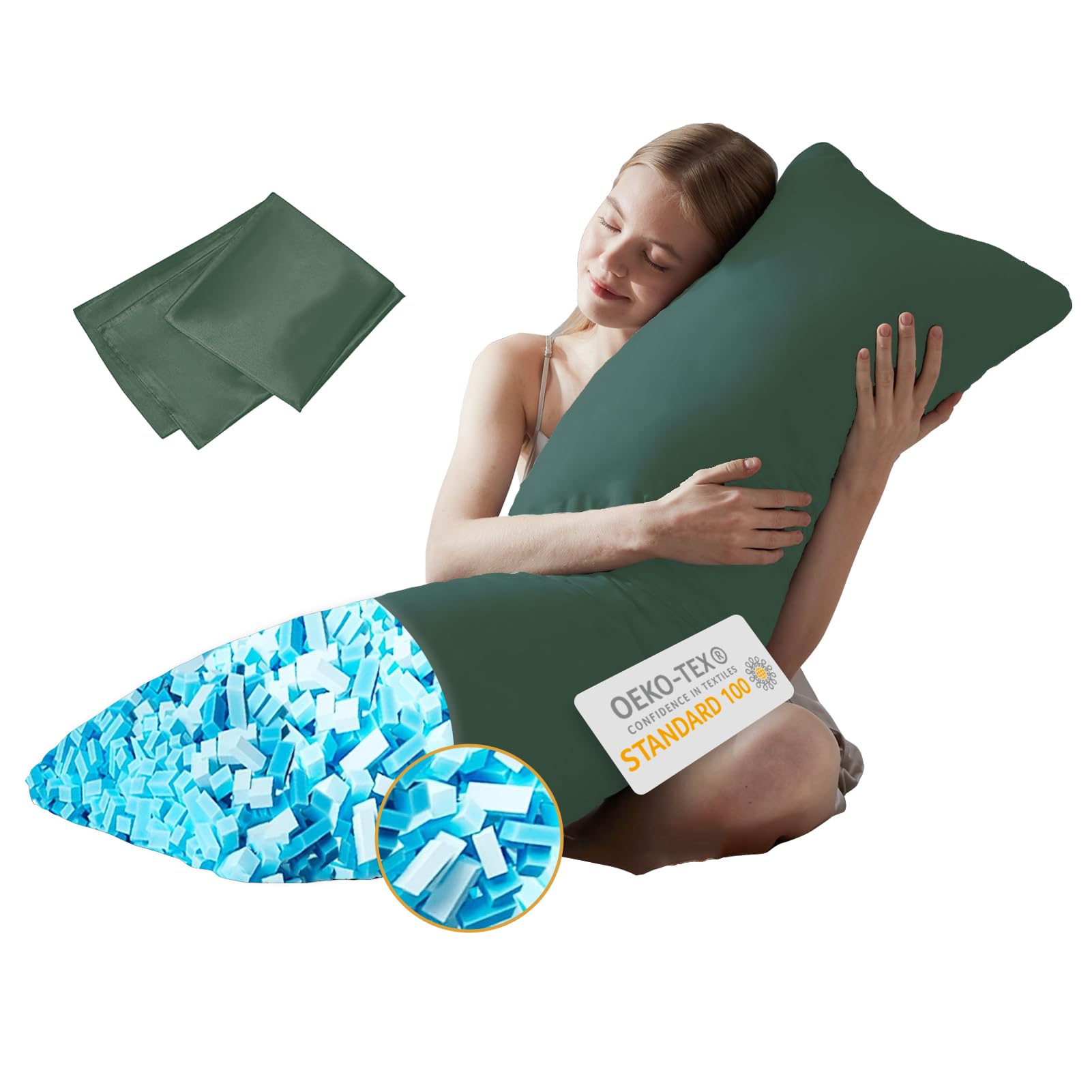 DOWNCOOL Memory Foam Body Pillow Insert with Fiber Cover - Large Full Body Pillows for Adults - Soft Long Bed Pillows for Side Sleepers - 20x54 inch (Green, with Cover)