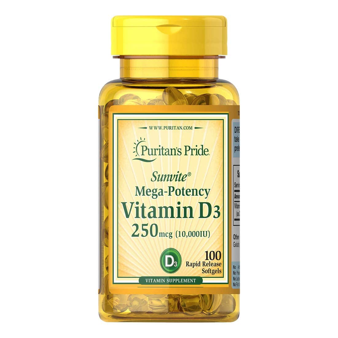 Puritans Pride Vitamin D3 10000 IU Bolsters Health Immune System Support and Healthy Bones & Teeth Softgels, Yellow, 100 C...
