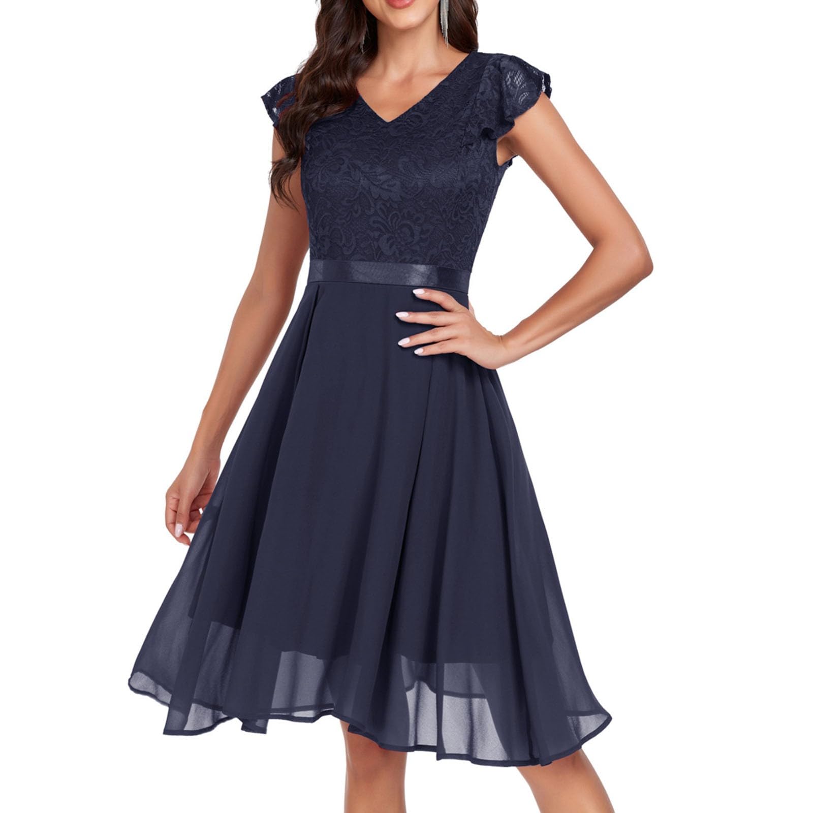Hochzeitsgast Kleid Damen Festliches Elegantes Chiffon Cocktailkleid Abendkleid mit Kurzarm & Rüschen