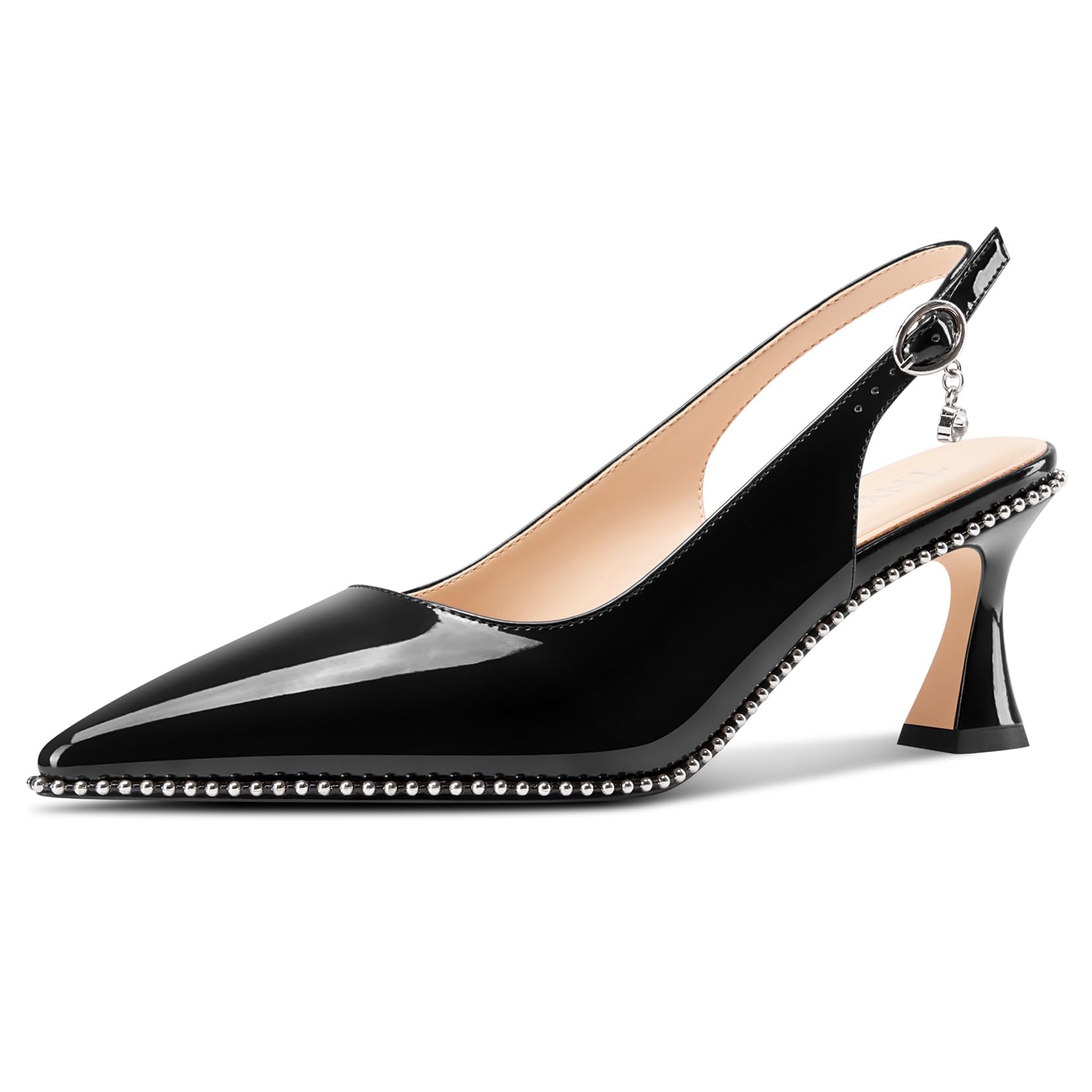 Womens Kitten Heel Pointed Toe Pumps Beaded Slingback Slip-on Buckle Prom Party Dress Basic Classic Patent Leather 2.6 Inches Heels