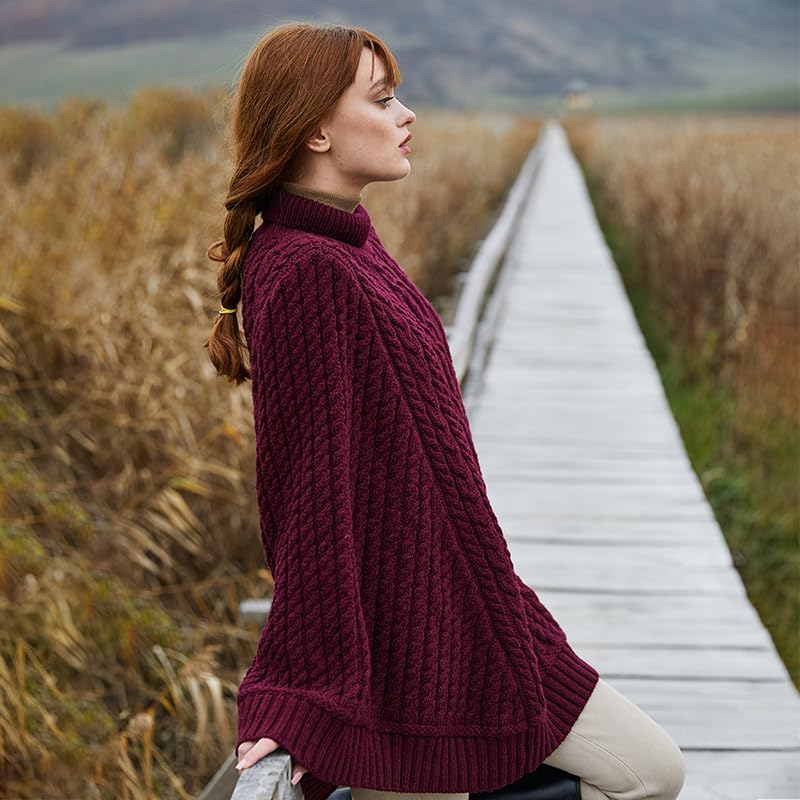 Image of SAOL 100% Merino Wool Cable Knit Ladies Irish Aran Poncho Cardigan