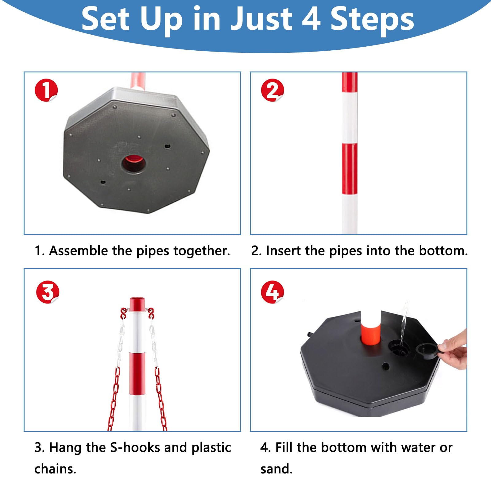 6er-Set Absperrpfosten mit Sockel, including 5x2.5m Chains & 20xS Buckles, Absperrpfosten Herausnehmbar für Parkplatz, Garage, Auffahrt