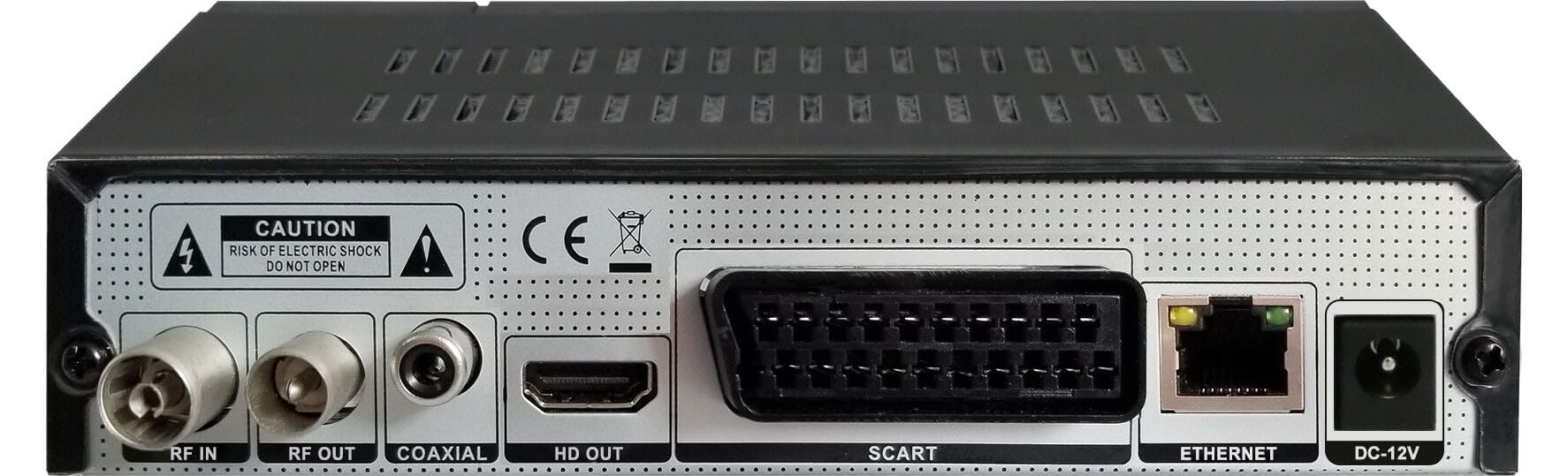 Techly 360974 DVB-T/T2 H.265 HEVC 10bit metalowy dekoder odbiornika cyfrowego, uniwersalny pilot zdalnego sterowania 2 w 1 z zasilaczem 12 V, czarny