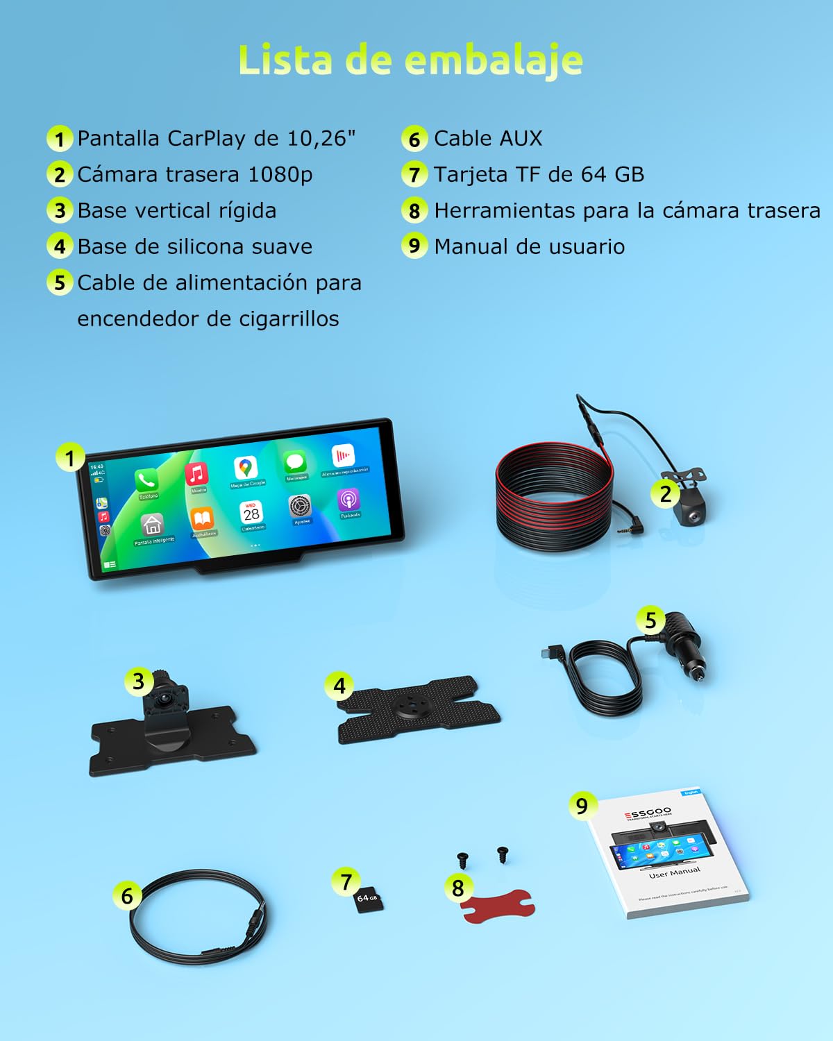ESSGOO Pantalla Coche 10.26 Pulgadas con Carplay y Android Auto Inalámbrico con Cámara Frontal 4K Trasera 1080P, IPS Táctil, Bluetooth 5.3, Mirror Link, FM, AUX, Control por Voz (Siri/Google), 64GB TF